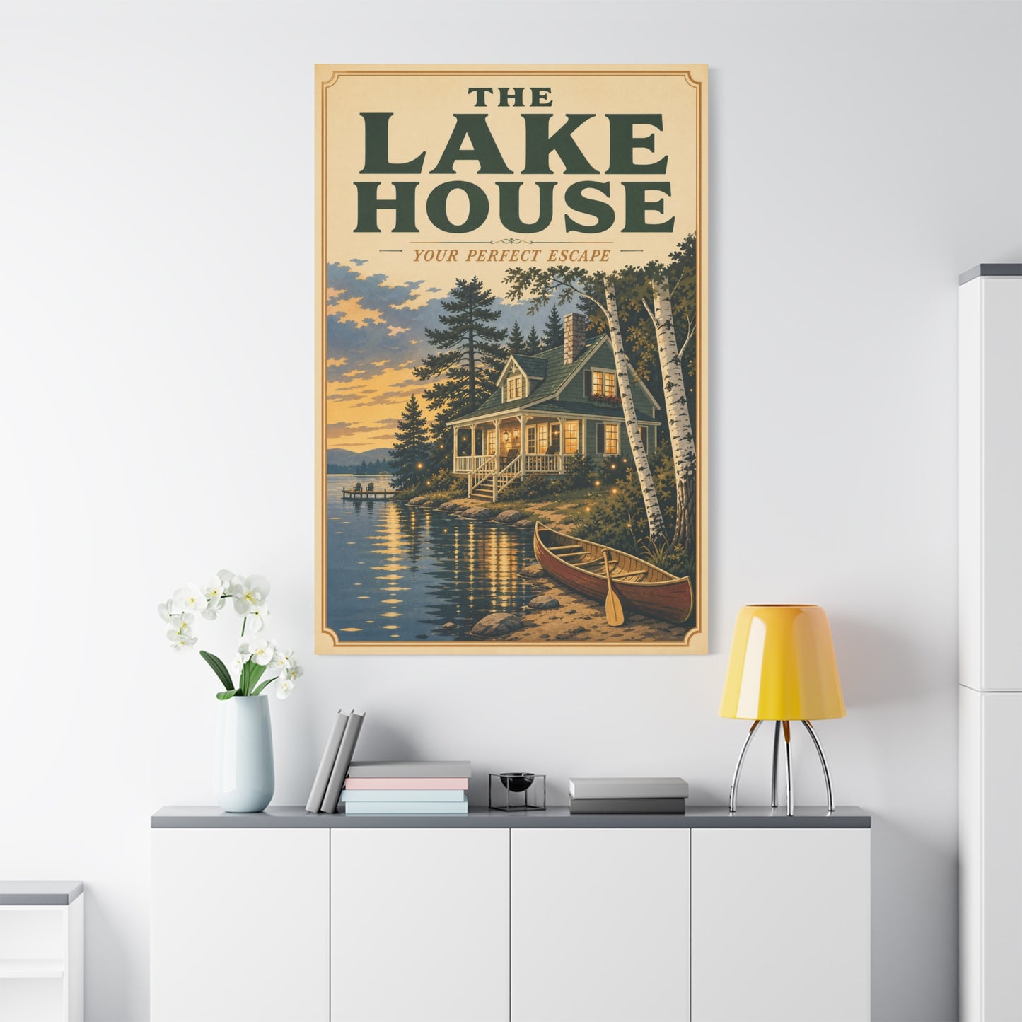 "The Lake House Your ideal Escape" Canvas Wall Art - Vintage Lakeside Cabin, Canoe And Birch Trees - Rustic Landscape Print - Living Room Wall Decor, Cabin Home Decoration - Bedroom Home Decoration