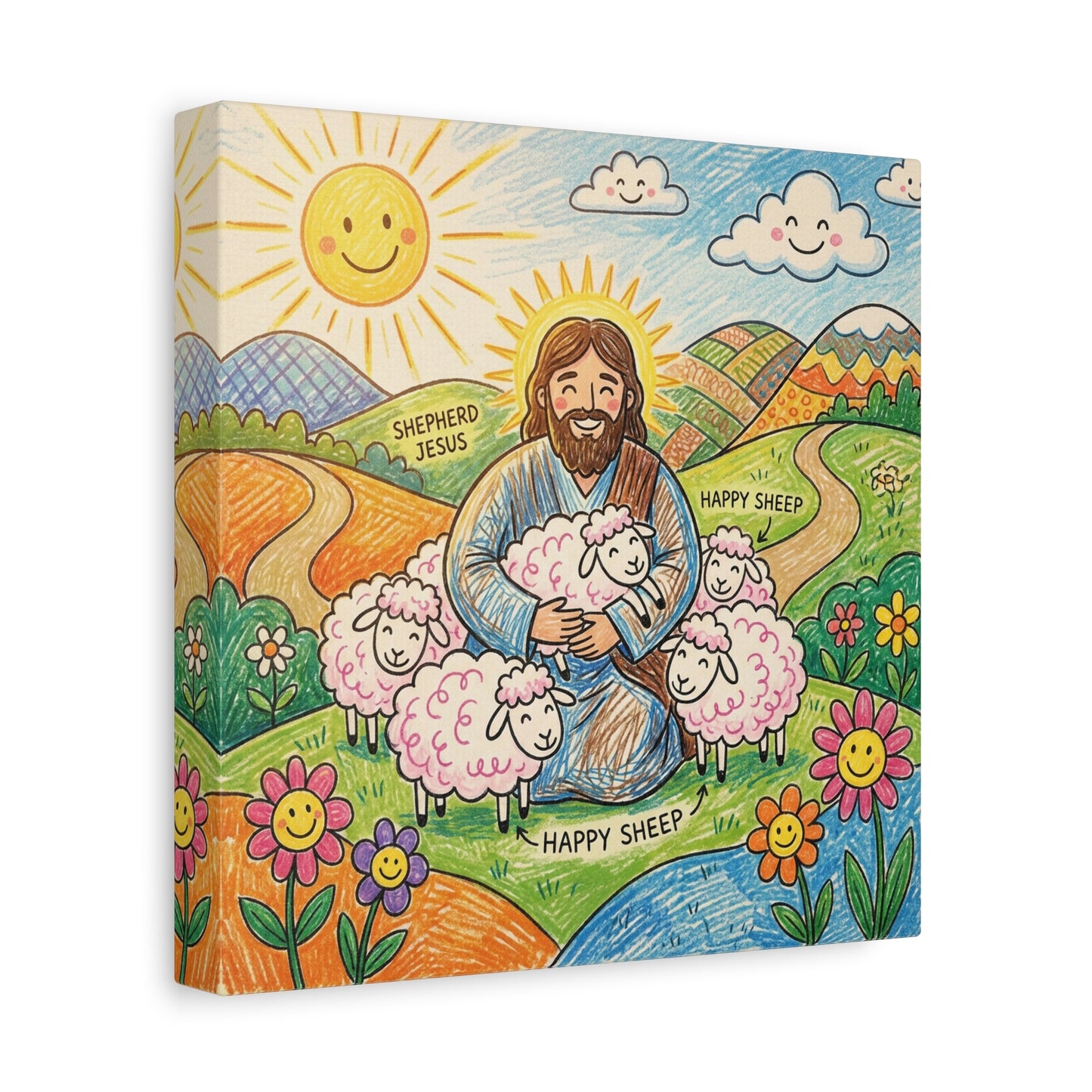 "Shepherd Jesus" "Happy Sheep" Jesus Canvas Wall Art - Christian Kids Nursery Decor, Colorful Religious Print - Matte Cotton Canvas - Playroom Bedroom Classroom Decoration - Living Room Wall Decor