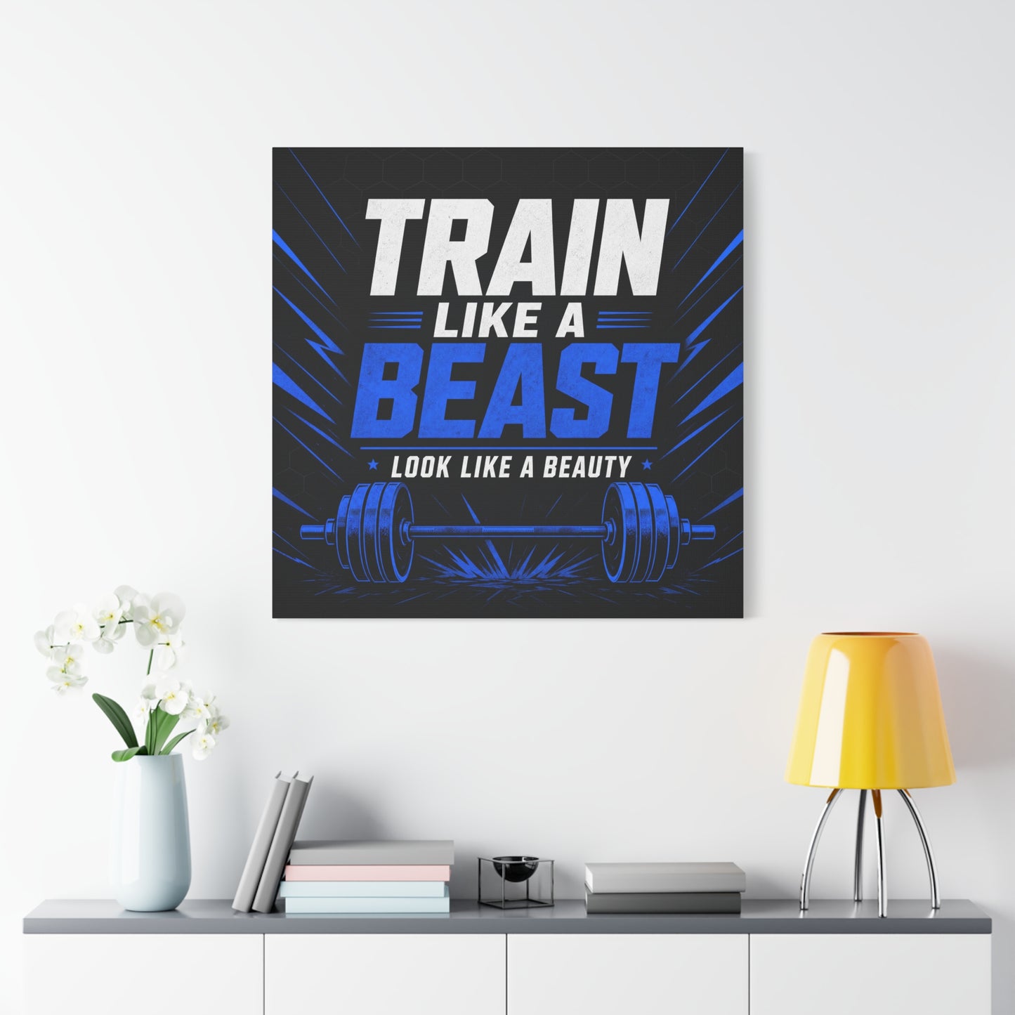 "Train Like A Beast Look Like A Beauty" Gym Canvas Wall Art - Blue Black Barbell Typography Motivational Fitness Decor - Modern Sports Quote Print - Ready to Hang - Living Room Wall Decor