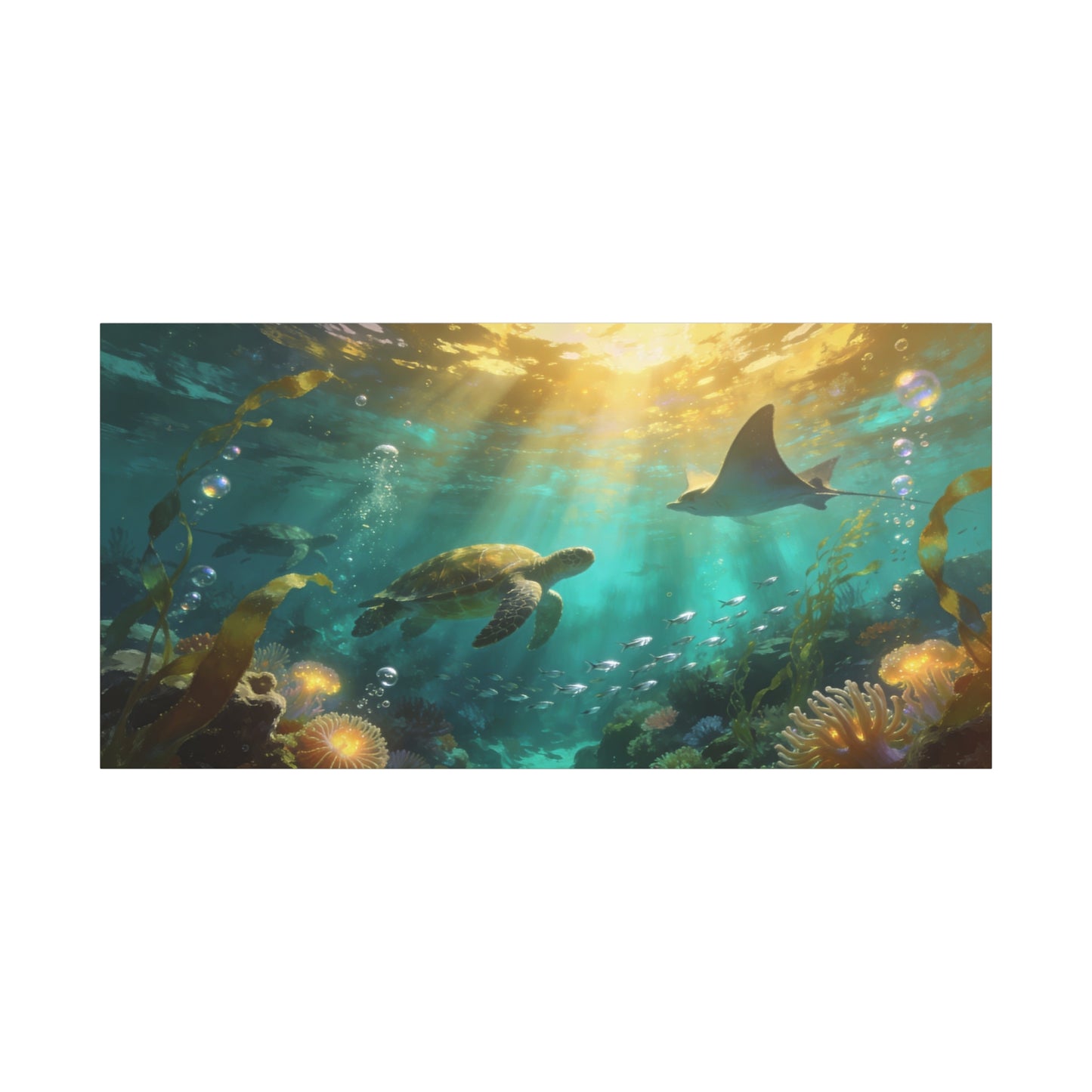Sea Turtle And Stingray Canvas Wall Art - Sunlit Underwater Ocean Scene, Coral Reef Marine Life, Matte Cotton Print - Coastal Style, Living Room Wall Decor, Bedroom Home Decoration - Ready to Hang