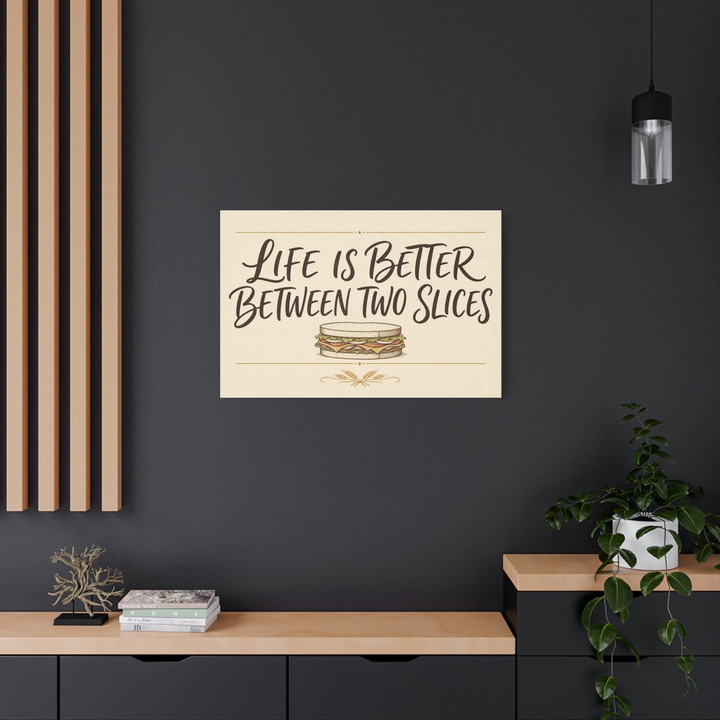 "Life Is Better Between Two Slices" Sandwich Canvas Wall Art - Funny Quote Print, Vintage Farmhouse Style, Beige Food Illustration - Ready to Hang - Ready to Hang - Deli Wall Decor - Diner Decor