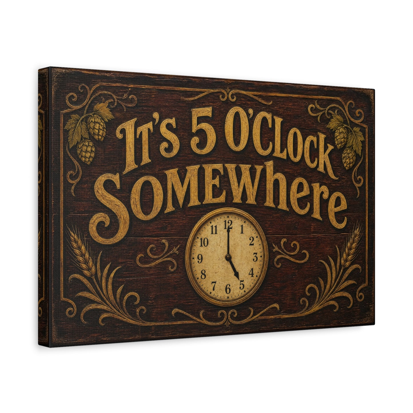 "It's 5 O'Clock Somewhere" Canvas Wall Art - Rustic Bar Sign, Vintage Clock Typography - Farmhouse Pub Decor, Brown Gold - Pub Wall Art - Cocktail Lounge Decor - Speakeasy Style Sign - Ready to Hang
