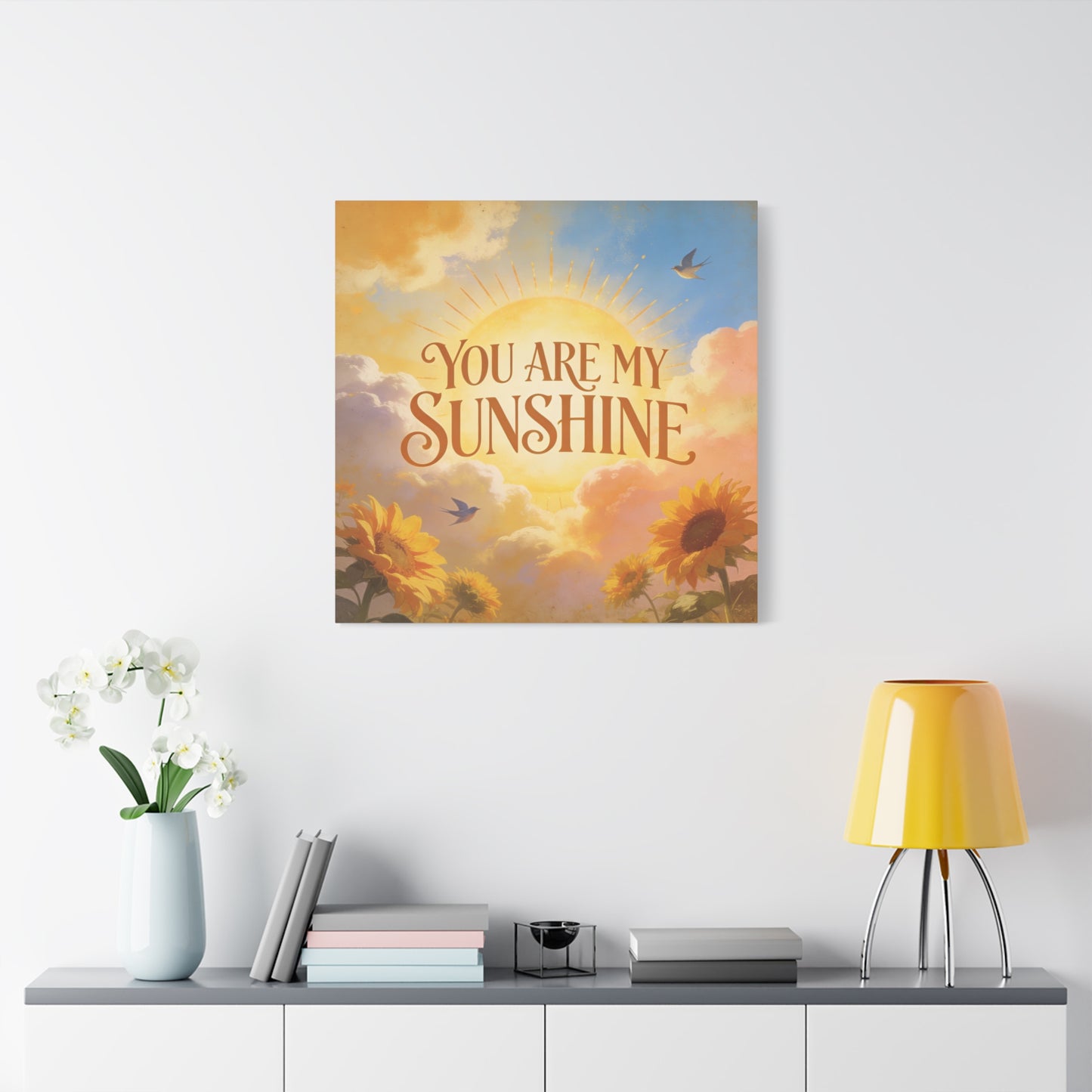 "You Are My Sunshine" Sunflower Canvas Wall Art - Vintage Typography Sky, Birds - Inspirational Farmhouse Style - Living Room Wall Decor, Bedroom Home Decoration, Office Art Accent - Ready to Hang