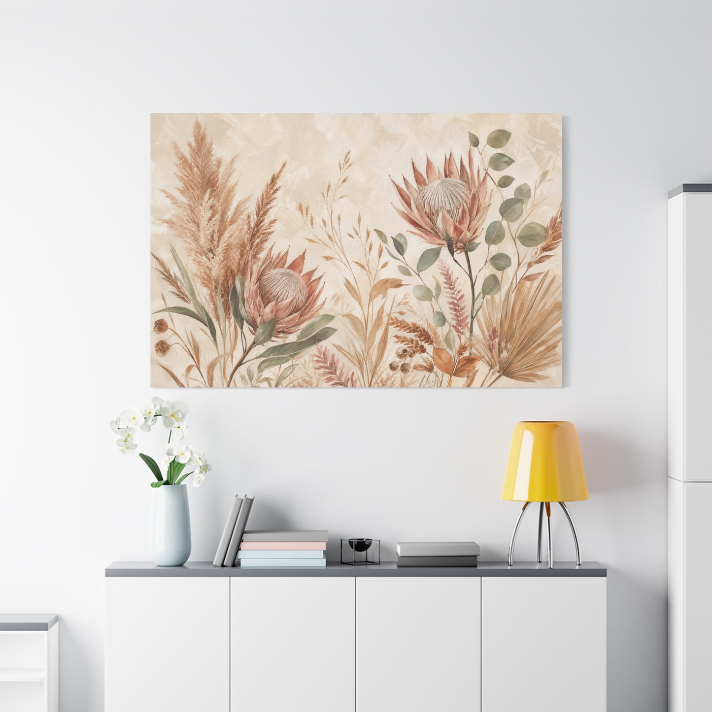 Protea Botanical Canvas Wall Art - Pampas Grass, Eucalyptus Floral Print - Neutral Boho Farmhouse Decor - Beige Sage Nature Painting - Ready to Hang