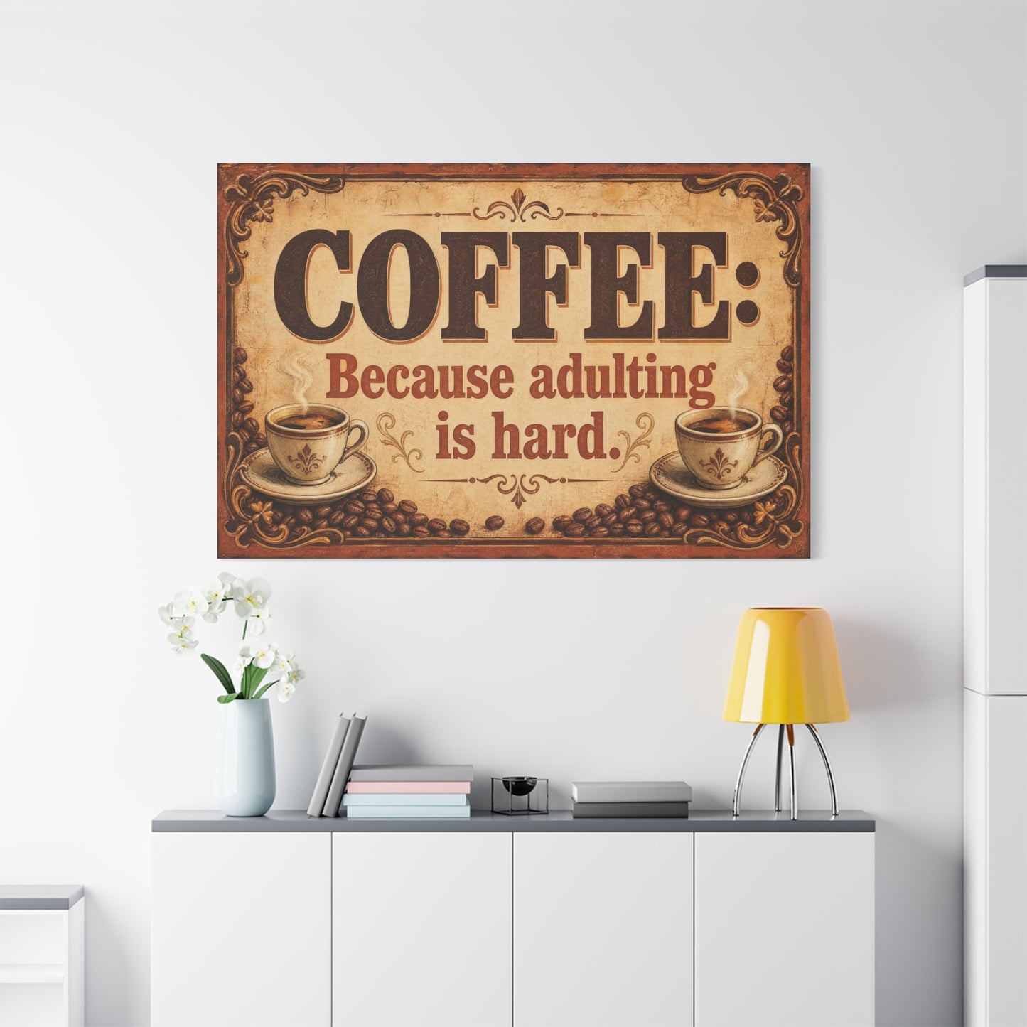 "Coffee: Because Adulting Is Hard." Coffee Canvas Wall Art - Vintage Decor, Rustic Farmhouse Style, Funny Cafe Quote Print - Office Wall Art - Ready to Hang - Bistro Decor - Espresso Bar Sign
