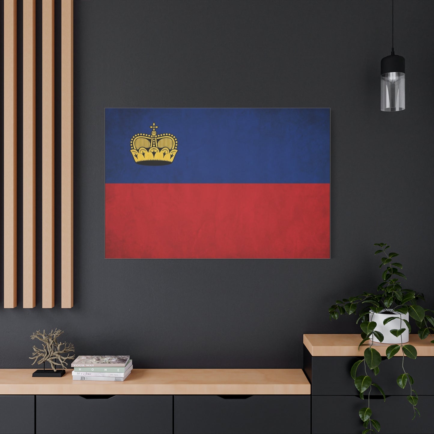 Liechtenstein Flag Canvas Wall Art - Blue Red Banner With Gold Crown - Minimalist National Print, Cotton Canvas Decor - Living Room Wall Decor, Bedroom Home Decoration - Bedroom Home Decoration
