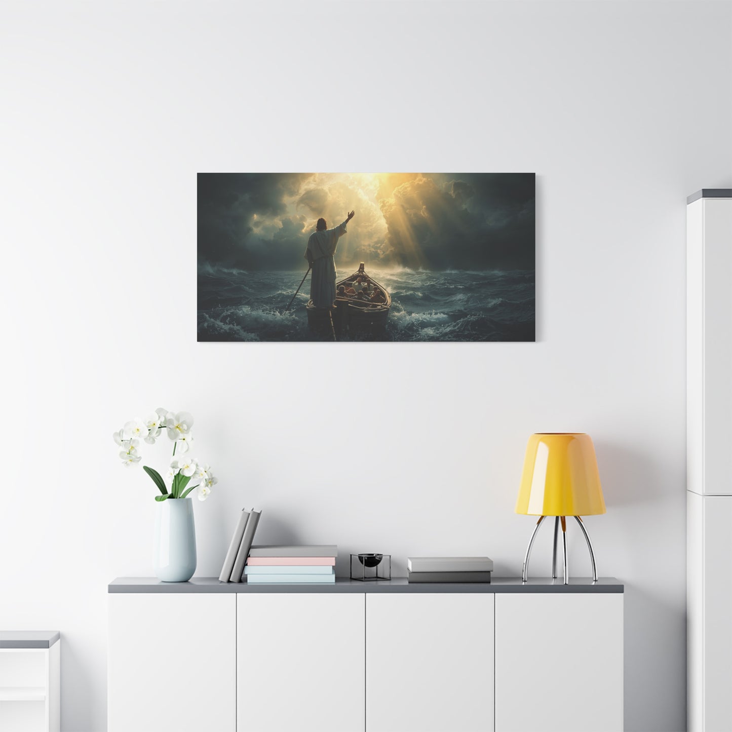 Jesus Calming The Storm Canvas Wall Art - Christian Ocean Boat Scene, Cotton Print - Dramatic Religious Seascape - Living Room Decor, Bedroom Home Decoration, Meditation Space - Living Room Wall Decor