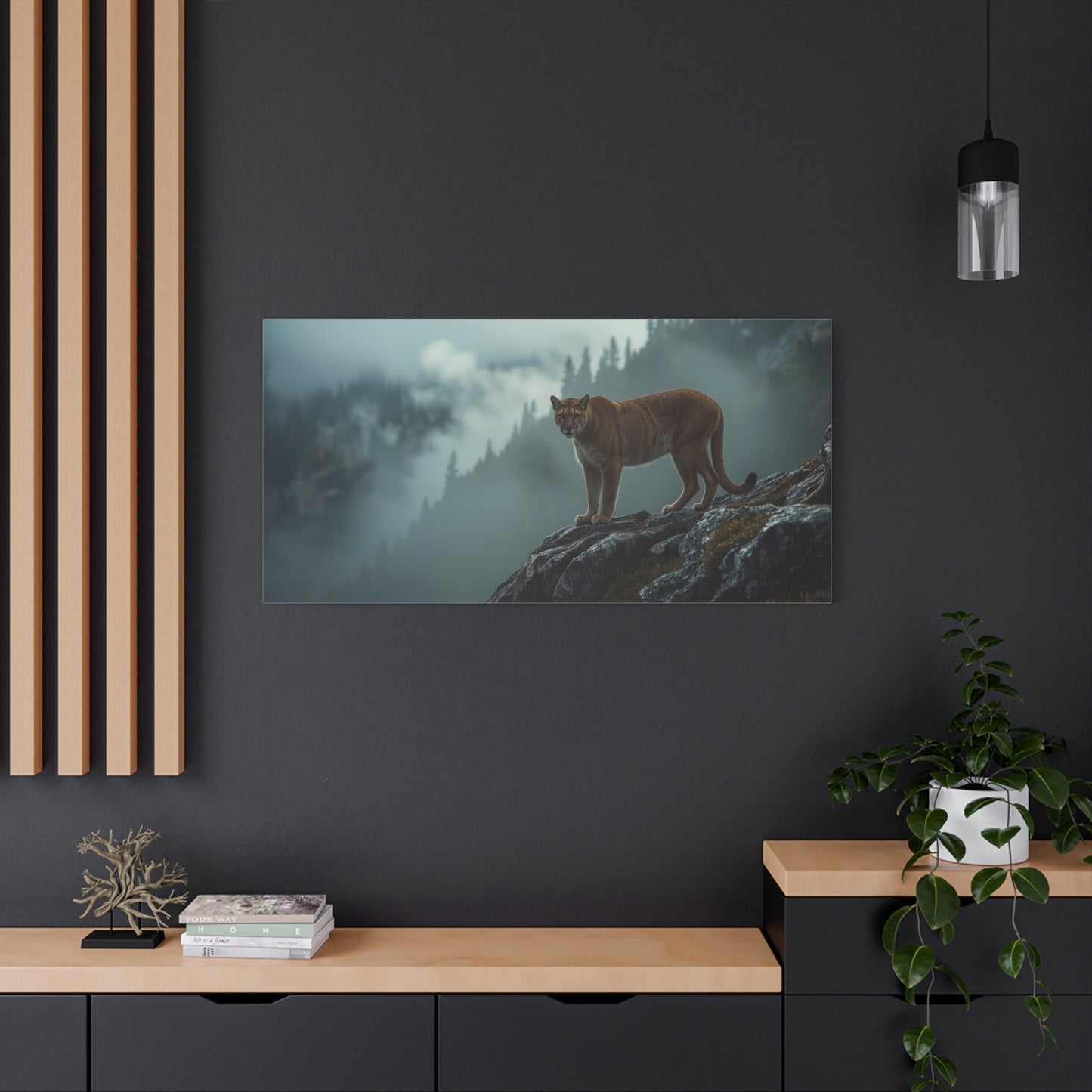 Mountain Lion Canvas Wall Art - Misty Forest Wildlife Landscape, Matte Canvas Print - Moody Contemporary Nature Decor - Living Room Wall Decor, Office Art, Rustic Lodge Accent - Modern Farmhouse Style