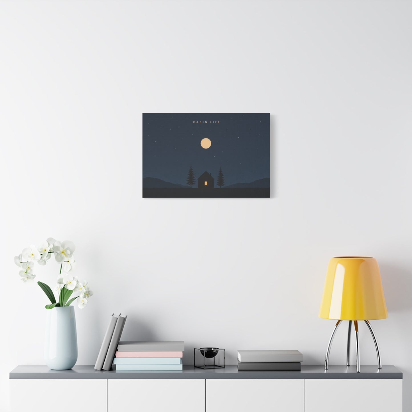 "Cabin Life" Moonlit Forest Canvas Wall Art - Minimalist Night Landscape Print - Rustic Lodge Decor, Bedroom Wall Accent, Living Room Decoration, Mountain Retreat Style - Bedroom Home Decoration