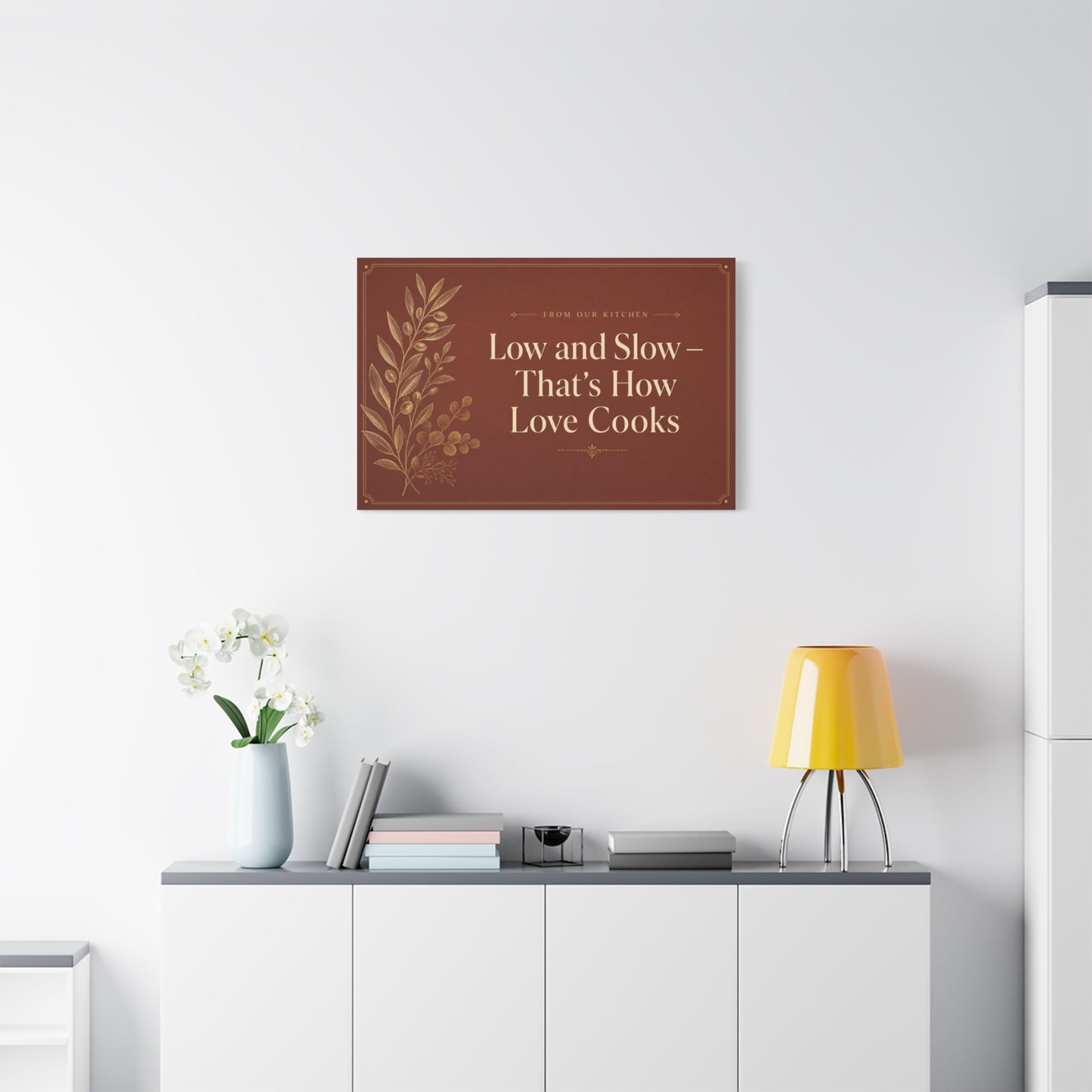 "Low And Slow - That's How Love Cooks" Kitchen Canvas Wall Art - Rustic Typography Botanical Print - Brown Farmhouse Dining Room Decor - Office Wall Art - Bedroom Home Decoration - Ready to Hang