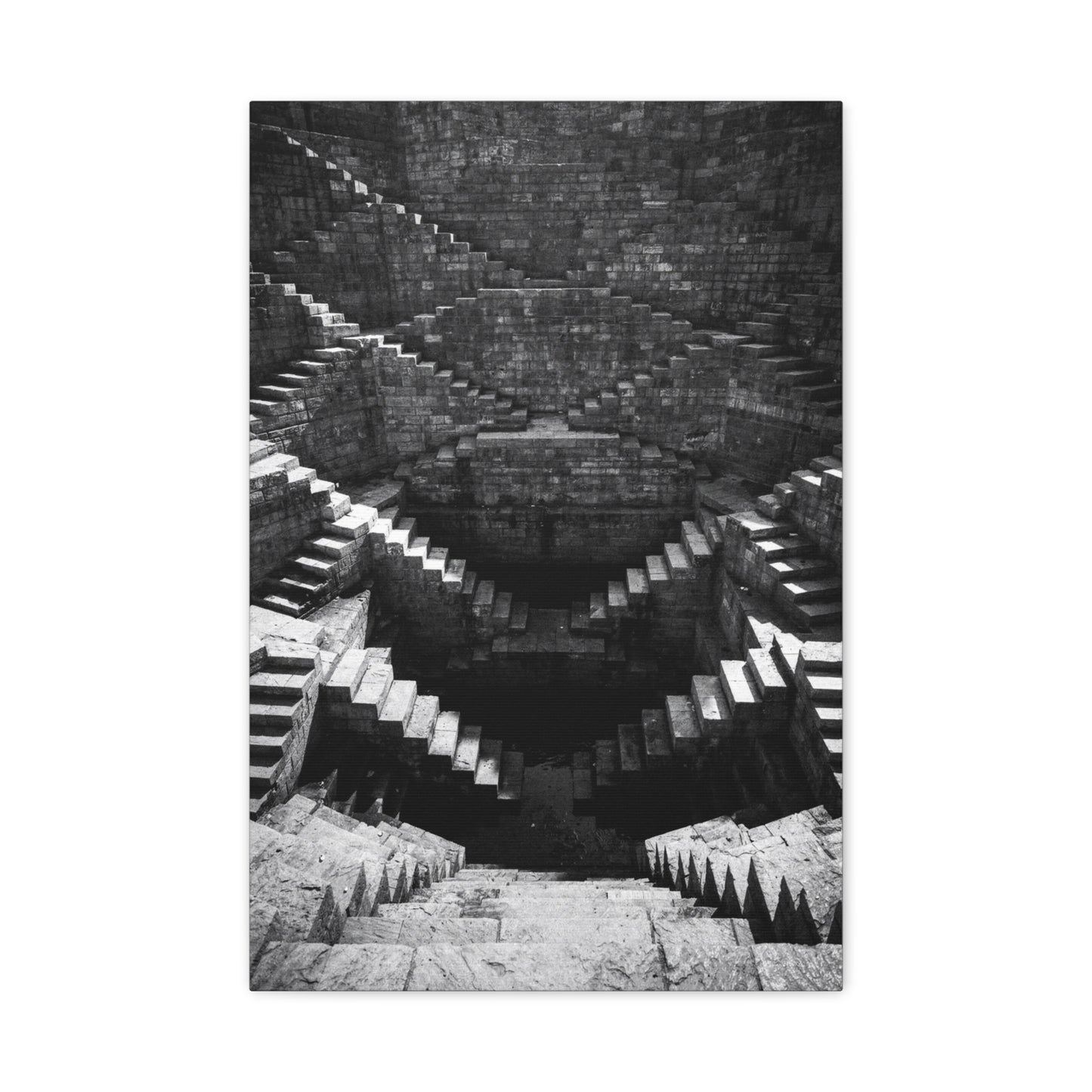 Black And White Stepwell Canvas Wall Art - Architectural Staircase Art Print, Moody Monochrome Stone Geometry - Contemporary Wall Decor For Living Room, Office, Entryway - Ready to Hang