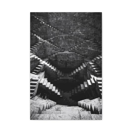 Black And White Stepwell Canvas Wall Art - Architectural Staircase Art Print, Moody Monochrome Stone Geometry - Contemporary Wall Decor For Living Room, Office, Entryway - Ready to Hang