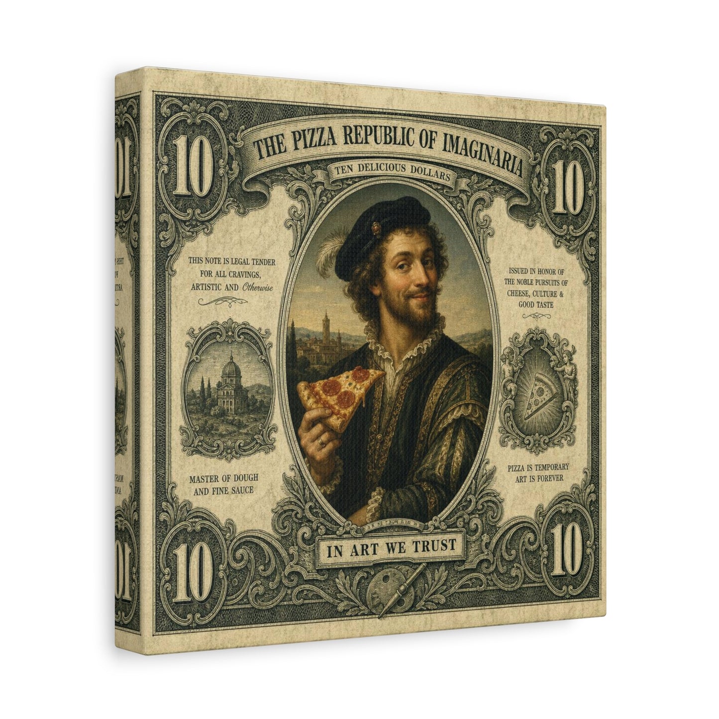 "The Pizza Republic Of Imaginaria" Canvas Wall Art - Vintage Typography Portrait Print, Renaissance Pizza Note Design, Eclectic Office Wall Decor, Cafe Wall Art, Humor Canvas - Reception Area Decor
