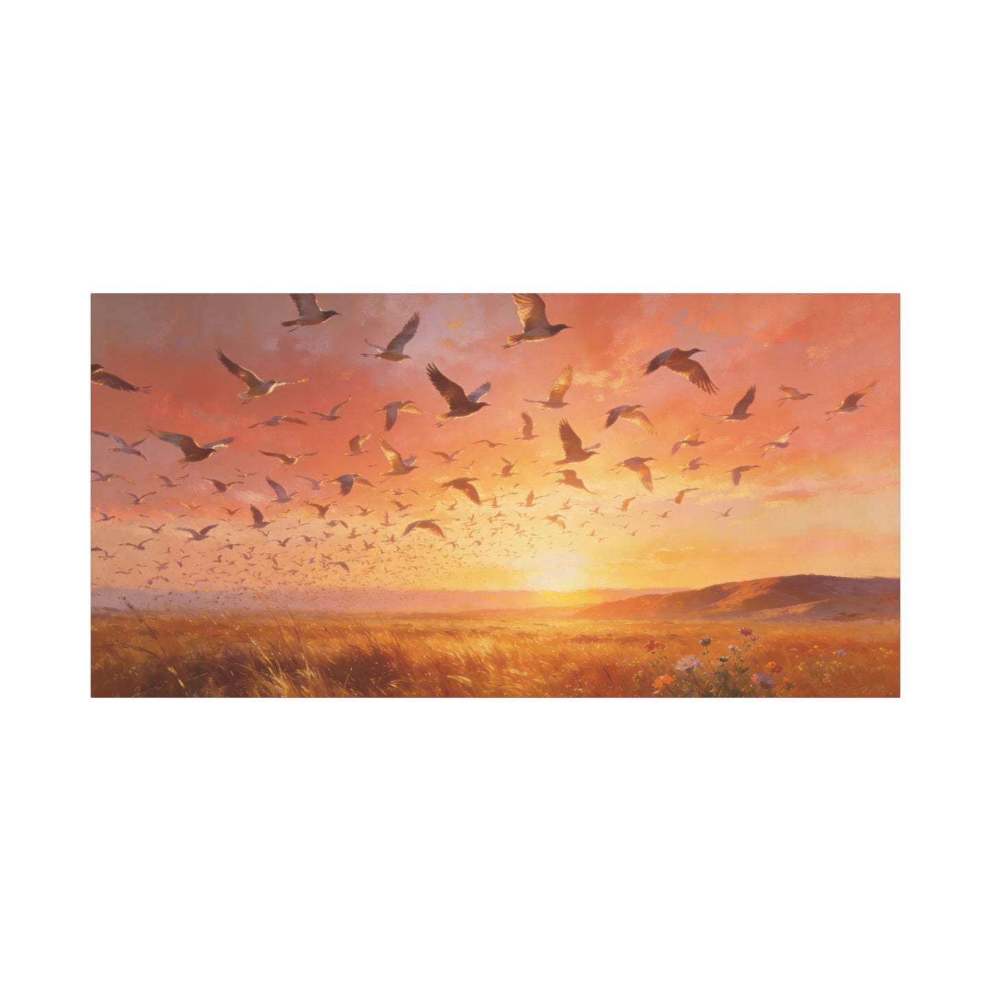 Flock Of Seabirds Canvas Wall Art - Sunset Meadow Landscape Print, Warm Golden Sky, Painterly Nature Scene - Contemporary Style - Living Room Wall Decor Bedroom Decoration - Bedroom Home Decoration