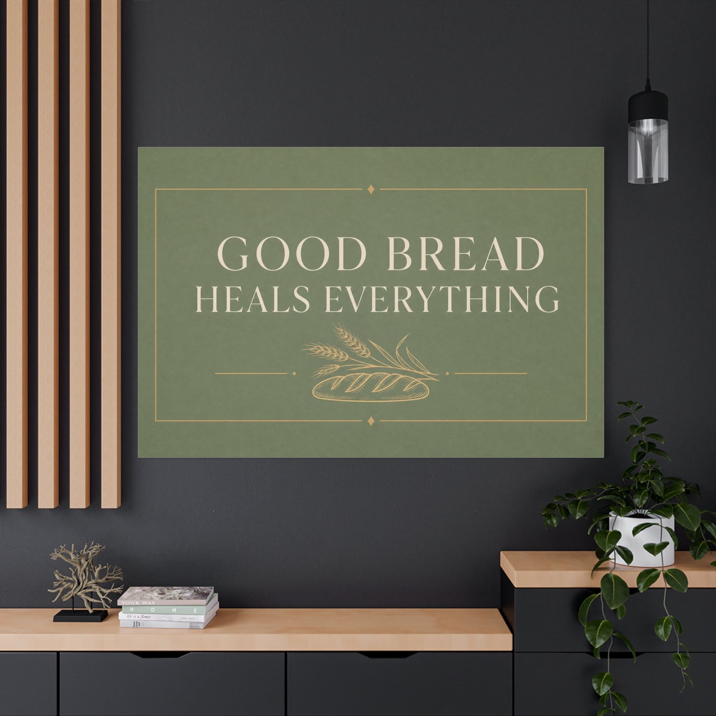 "Good Bread Heals Everything" Canvas Wall Art - Vintage Bread Quote Print, Sage Green Typography, Rustic Farmhouse Style - Ready to Hang - Deli Wall Decor - Sandwich Shop Sign - Diner Decor