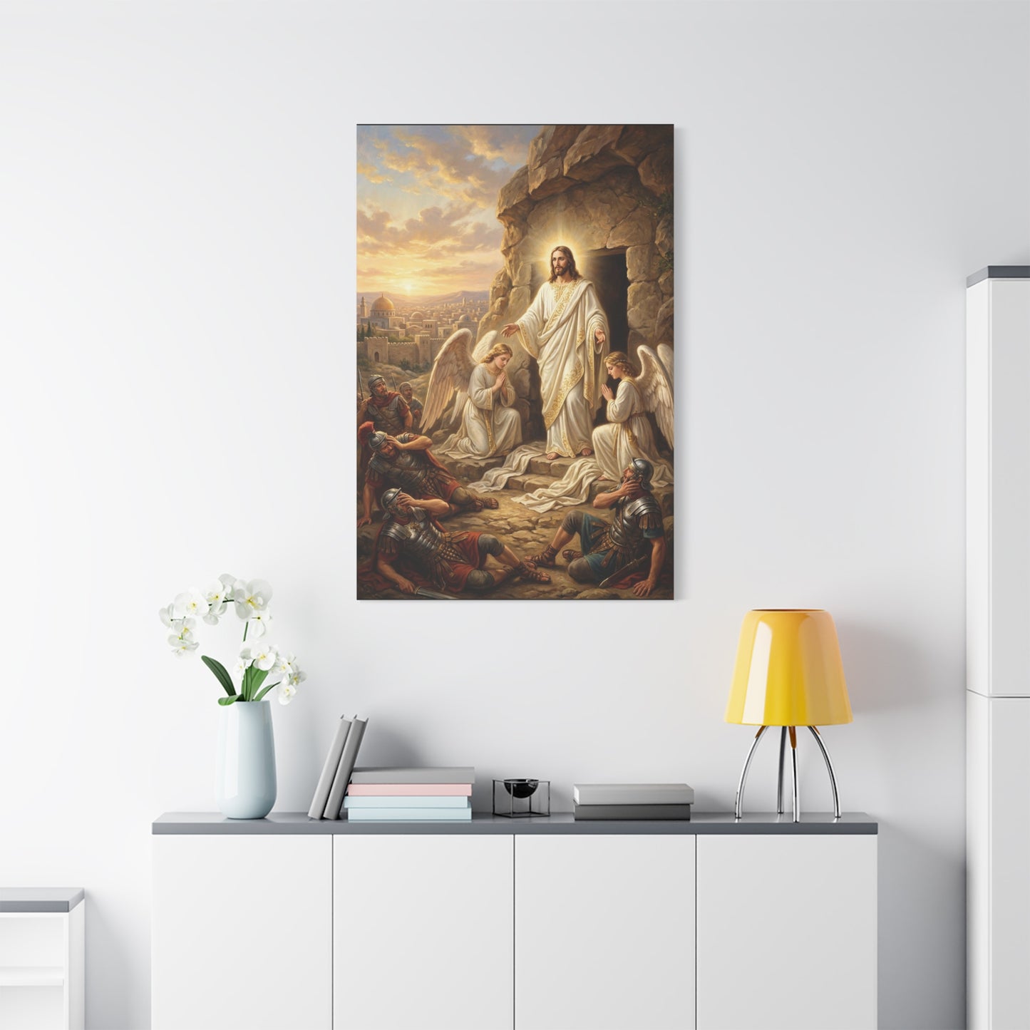Jesus Christ Resurrection Canvas Wall Art - Empty Tomb, Angels, Roman Soldiers - Traditional Religious Print, Golden Dawn Scene - Living Room Wall Decor, Bedroom Home Decoration - Ready to Hang