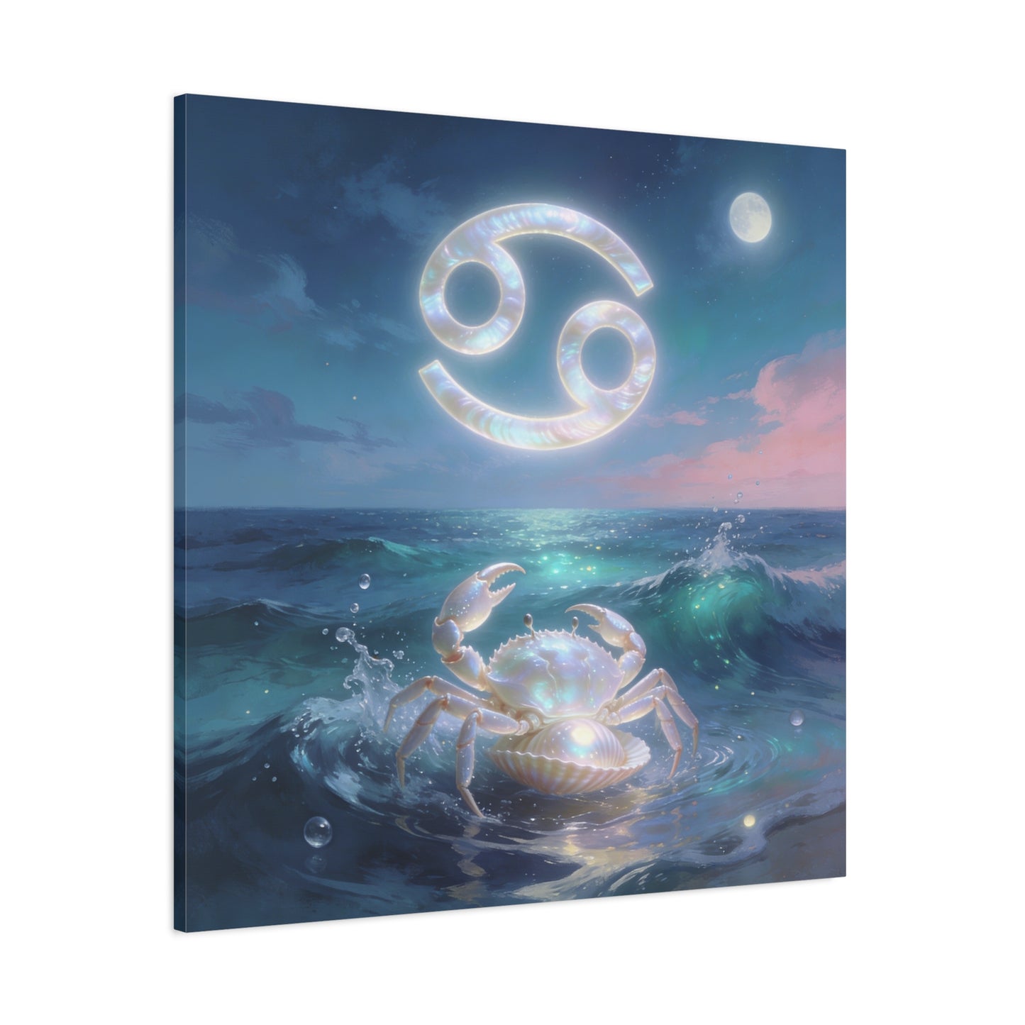 Cancer Zodiac Canvas Wall Art - Moonlit Ocean Crab, Iridescent Shell Symbol - Coastal Celestial Print, Dreamy Blue Seascape - Bedroom Home Decoration, Living Room Wall Decor - Bedroom Home Decoration