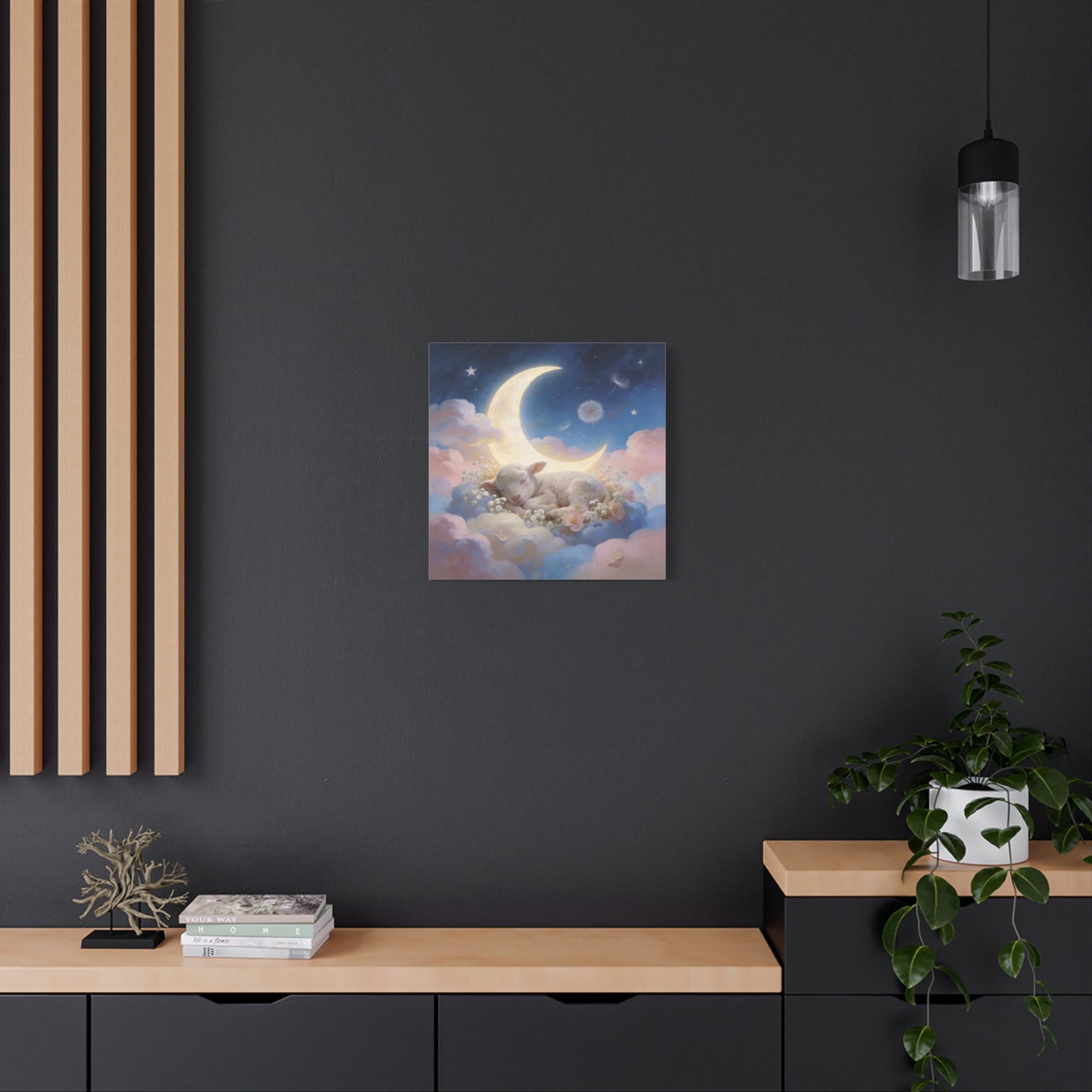 Sleeping Lamb Canvas Wall Art - Crescent Moon, Stars, Pink Clouds Nursery Decor - Dreamy Pastel Canvas Print - Whimsical Storybook Style - Bedroom Home Decoration, Kids Room Accent - Office Wall Art