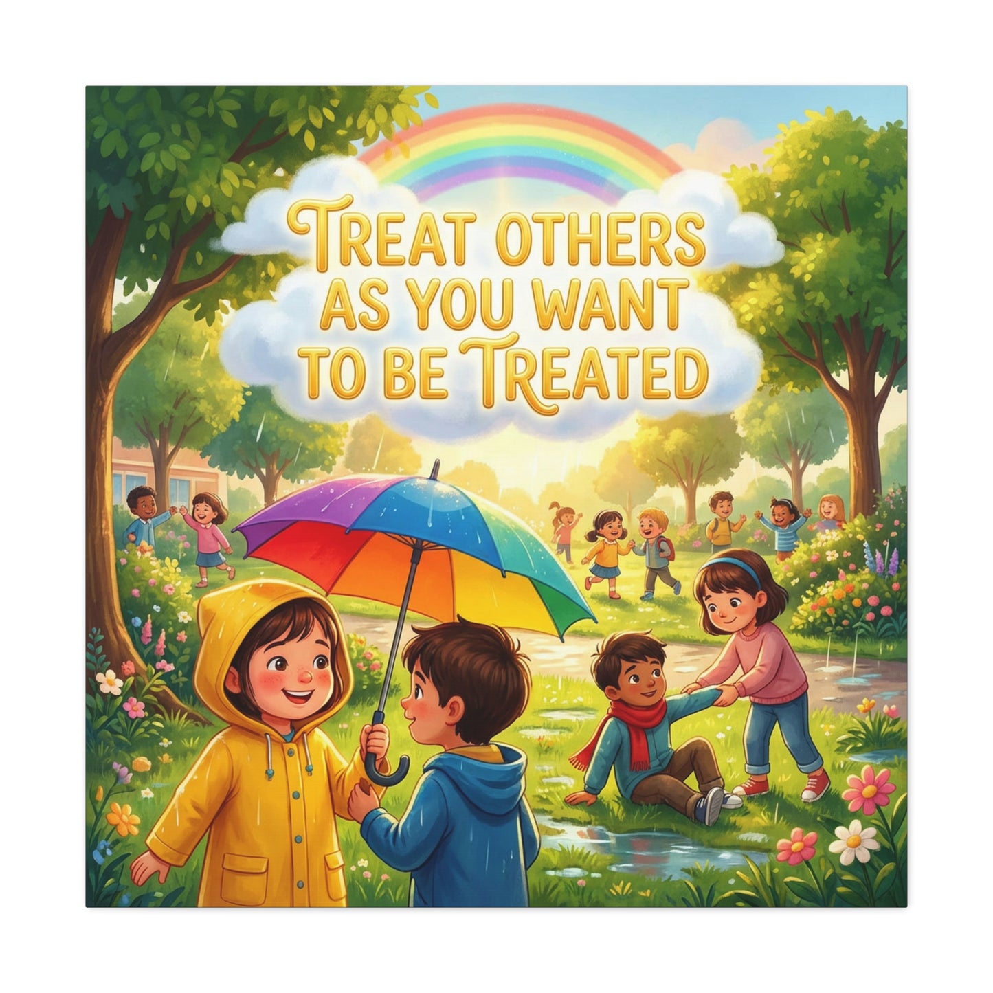 "Treat Others As You Want To Be Treated" Kids Canvas Wall Art - Rainbow Umbrella Kindness Quote Print - Colorful Classroom Decor - Nursery Playroom Bedroom Home Decoration - Bohemian Wall Hanging