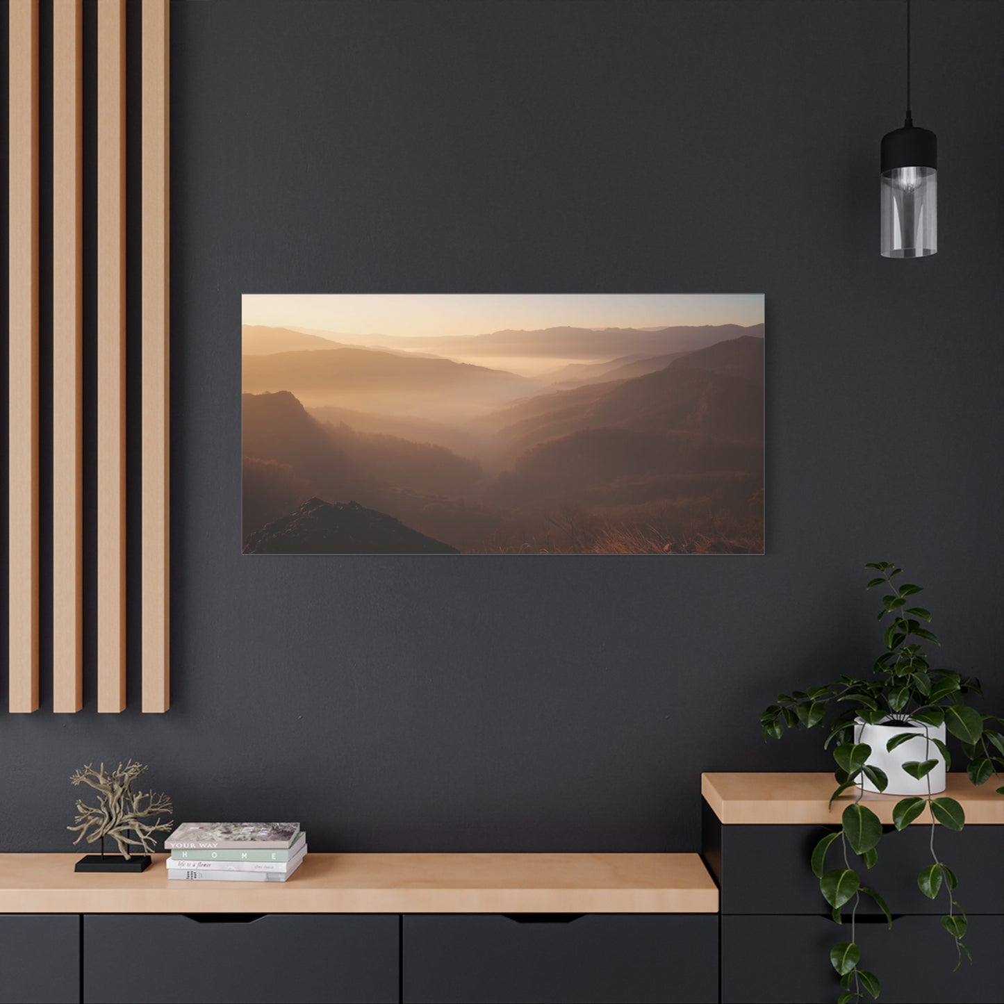 Golden Mist Mountain Valley Canvas Wall Art - Serene Landscape Art Print, Warm Dawn Light - Minimalist Nature Decor - Living Room Wall Decor, Bedroom Home Decoration - Bedroom Home Decoration