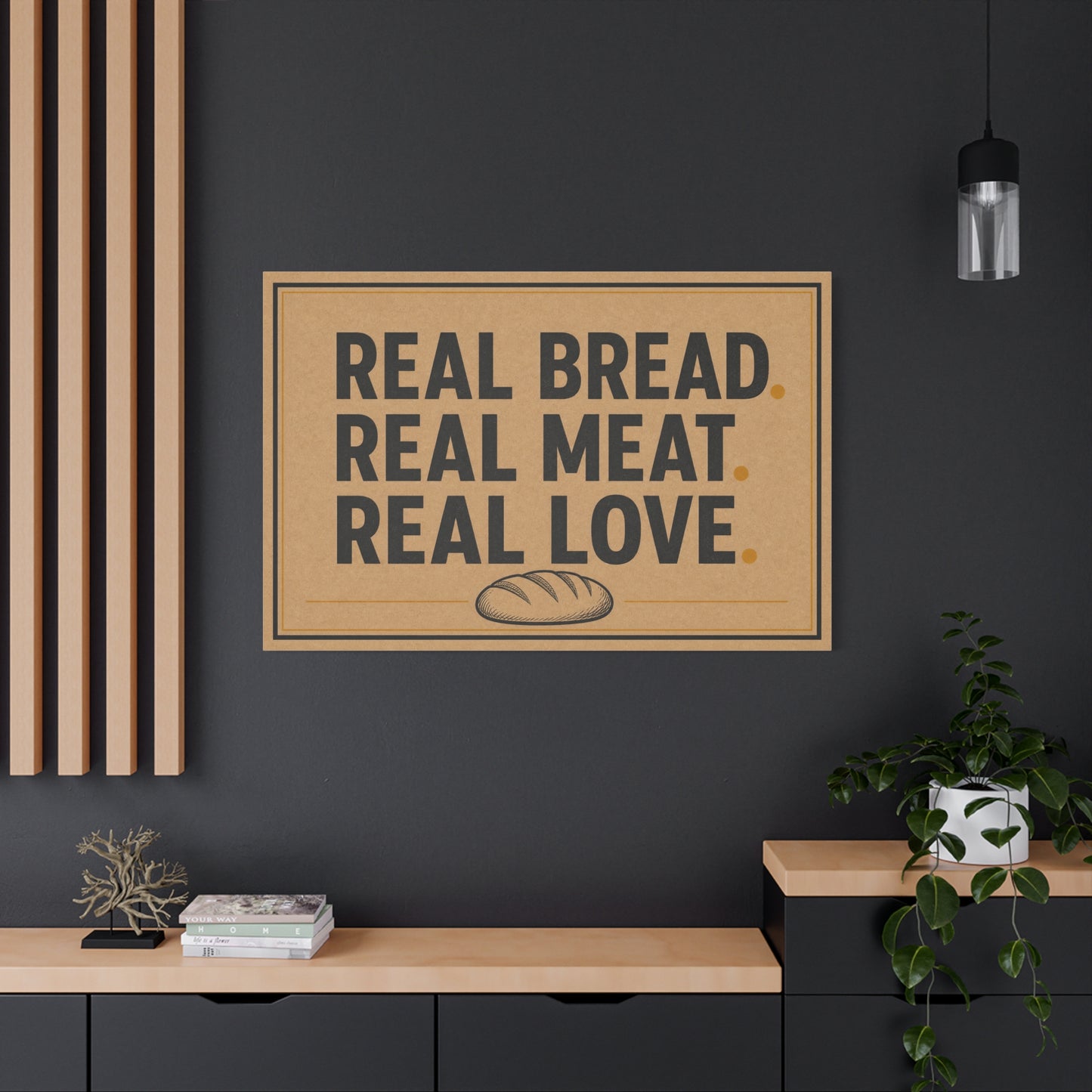 "Real Bread. Real Meat. Real Love." Canvas Wall Art - Rustic Typography Food Sign - Farmhouse Neutral Canvas Print - Bakery Style - Ready to Hang - Deli Wall Decor - Sandwich Shop Sign - Diner Decor