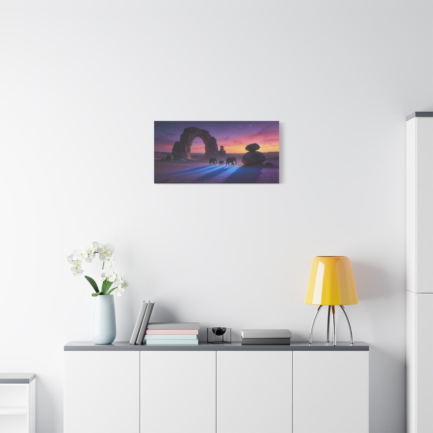 Desert Elephant Canvas Wall Art - Rock Arch Sunset Landscape, Surreal Starry Sky - Matte Cotton Art Print - Contemporary Style, Living Room Wall Decor, Bedroom Home Decoration - Modern Farmhouse Style