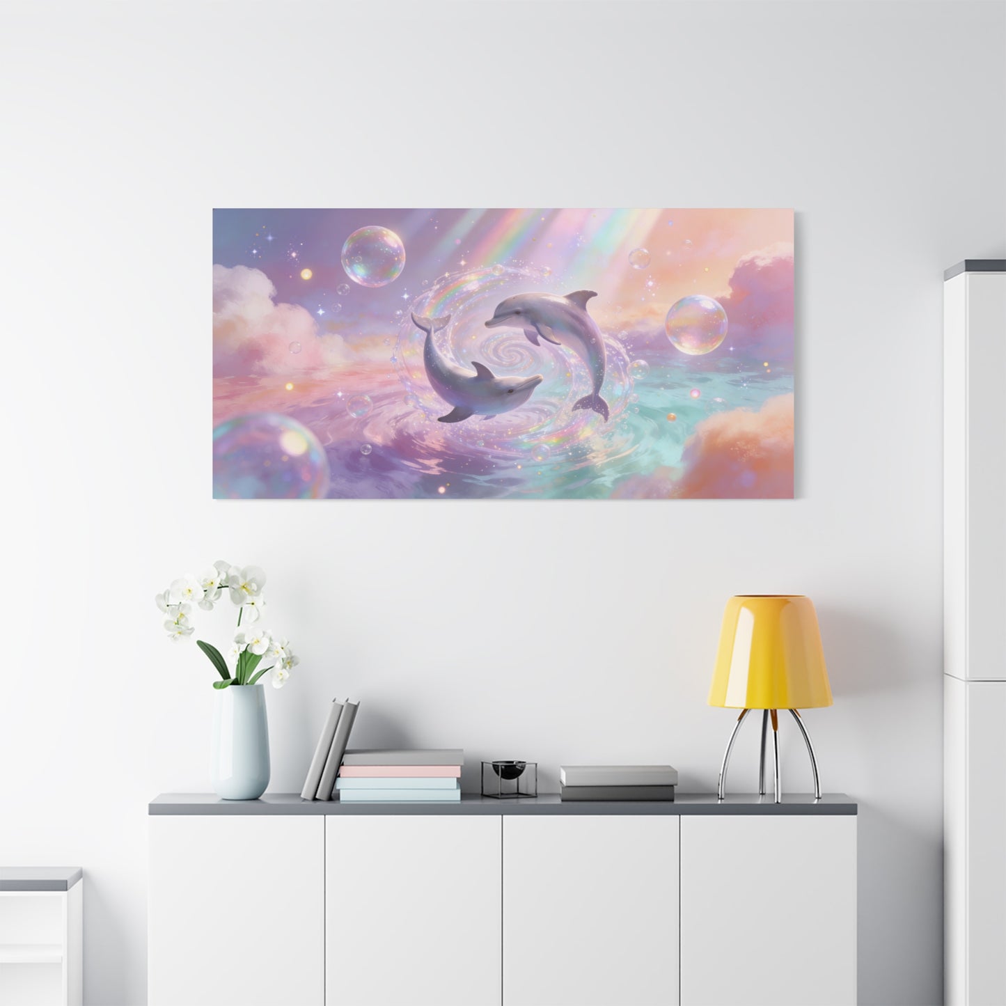 Dolphin Canvas Wall Art - Dreamy Ocean Swirl, Pastel Sky And Rainbow Light - Cotton Canvas Print - Whimsical Contemporary Style - Living Room Wall Decor, Bedroom Home Accent - Bedroom Home Decoration