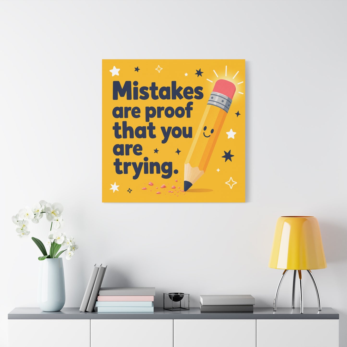 "Mistakes Are Proof That You Are Trying." Inspirational Canvas Wall Art - Yellow Pencil Quote Print, Classroom Decor, Teacher Office Motivation, Kids Study Room Decoration, Typography Poster