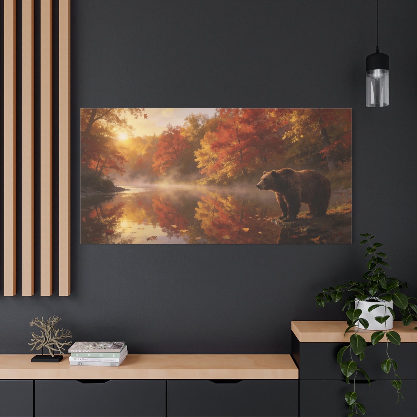 Brown Bear Canvas Wall Art - Autumn Forest River Sunrise Wildlife Print, Golden Mist Reflection, Matte Canvas Print, Rustic Lodge Style, Living Room Wall Decor Office Art - Bedroom Home Decoration
