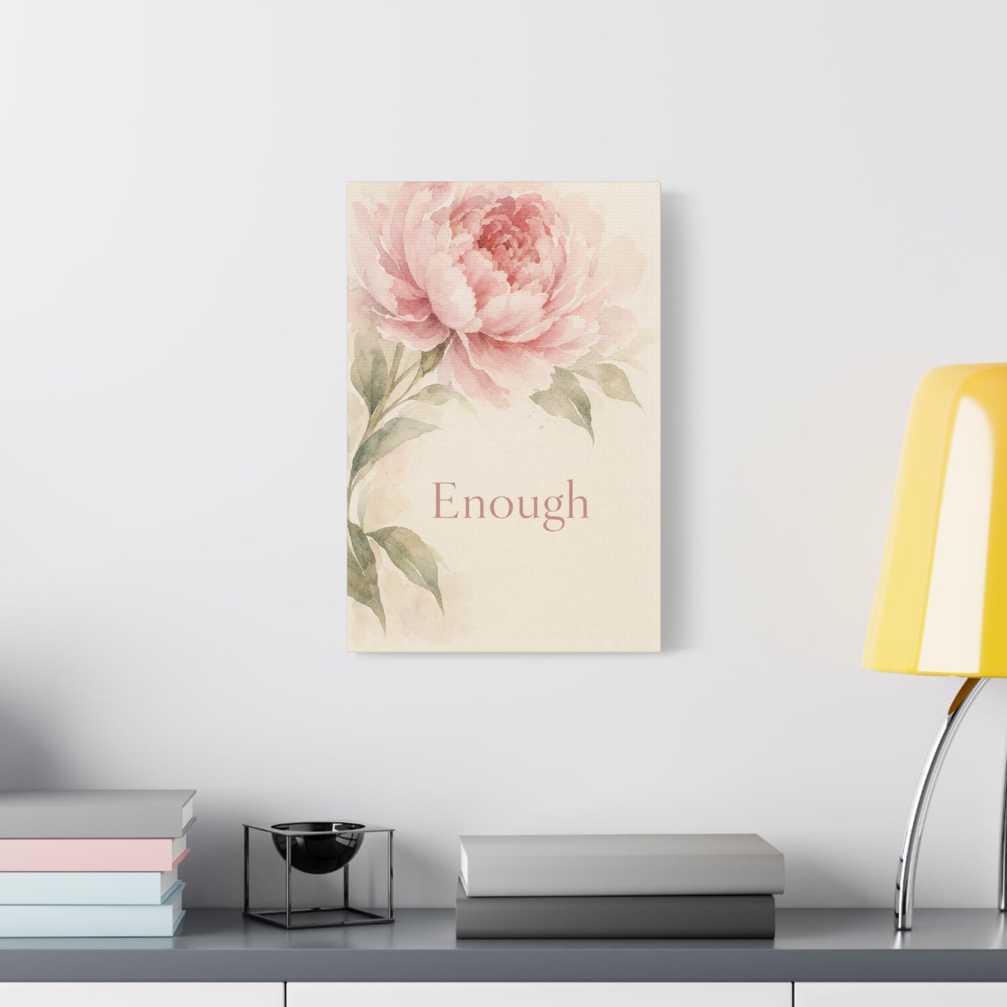 "Enough" Peony Canvas Wall Art - Pink Watercolor Floral Inspirational Print - Soft Botanical Bedroom Wall Decor - Feminine Home Decoration - Bedroom Home Decoration - Modern Farmhouse Style