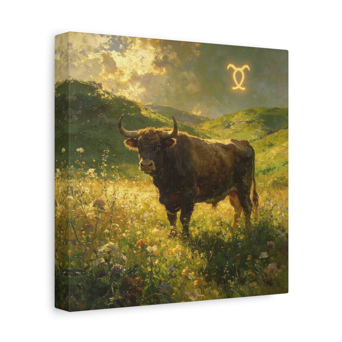 Taurus Bull Canvas Wall Art - Golden Meadow Landscape Painting, Zodiac Symbol, Rustic Contemporary Cotton Canvas Print, Living Room Wall Decor, Bedroom Home Decoration, Office Art Accent