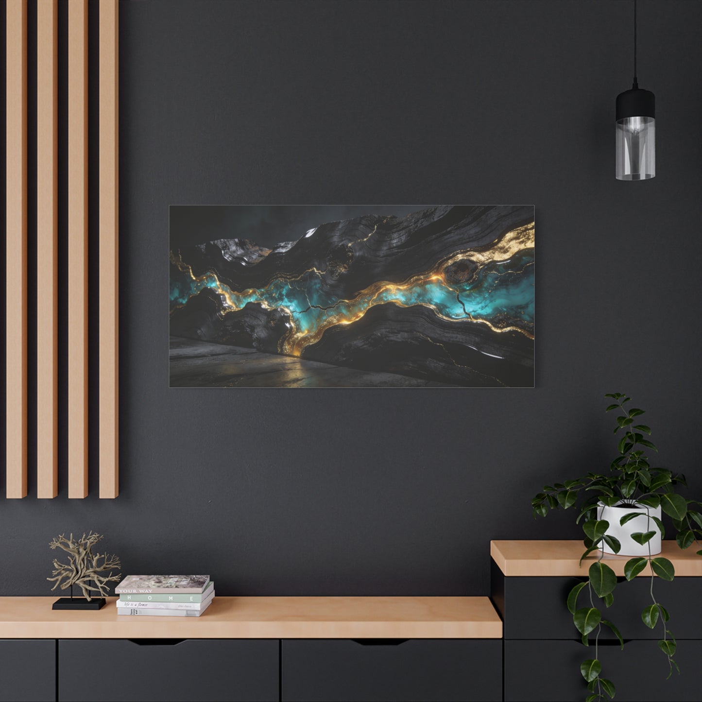 Abstract Black Gold Teal Canvas Wall Art - Modern Geode Marble Flow Design - Matte Cotton Art Print - Contemporary Living Room Wall Decor, Office Wall Art, Bedroom Decoration - Bedroom Home Decoration
