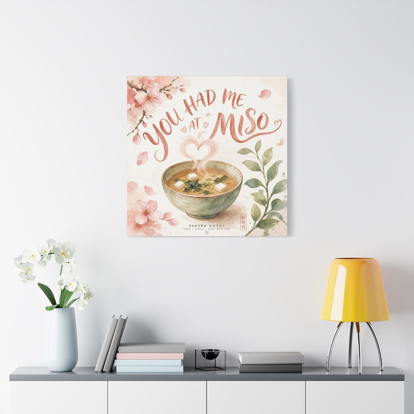 "You Had Me At Miso" Canvas Wall Art - Watercolor Soup Bowl, Cherry Blossom Typography - Japanese Food Illustration, Pink Botanical Style - Kitchen Wall Decor, Dining Room Accent - Ready to Hang