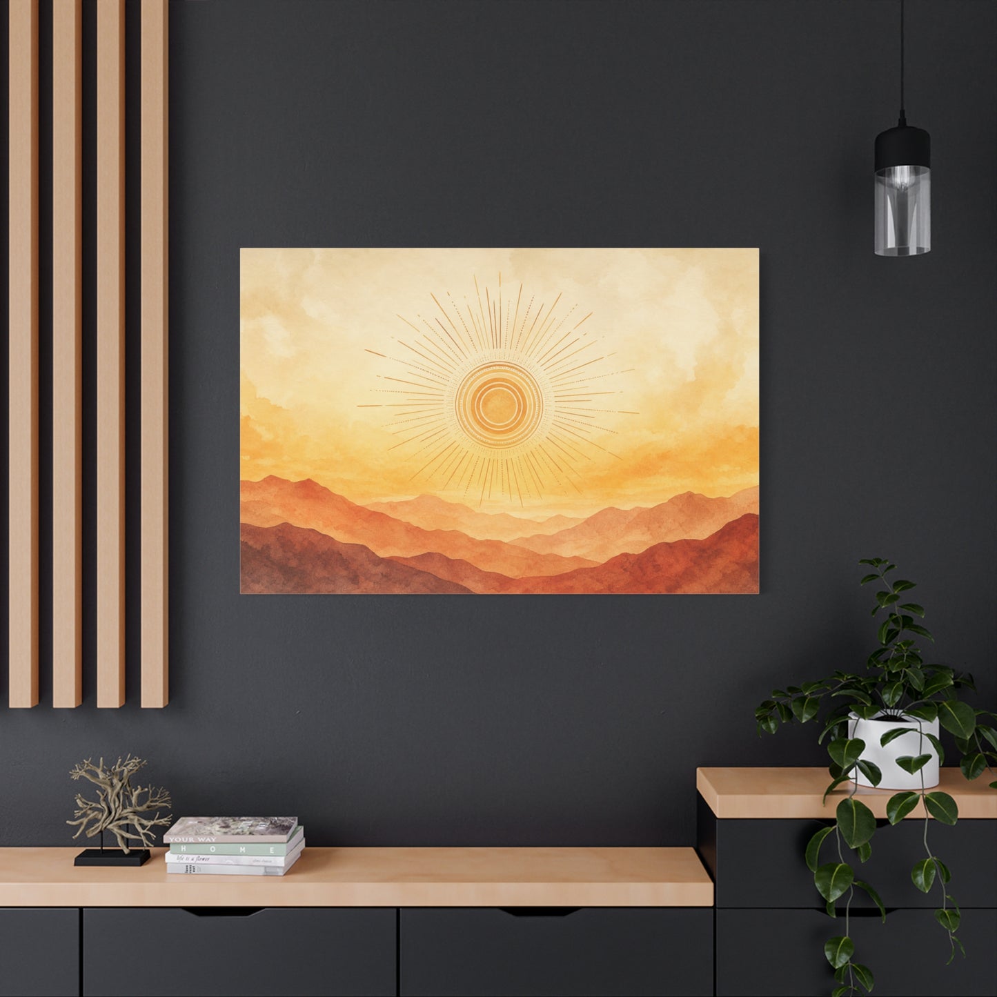 Sunburst Desert Mountain Canvas Wall Art - Golden Watercolor Landscape Print, Contemporary Southwest Style - Living Room Wall Decor, Bedroom Home Decoration, Meditation Space Accent - Ready to Hang