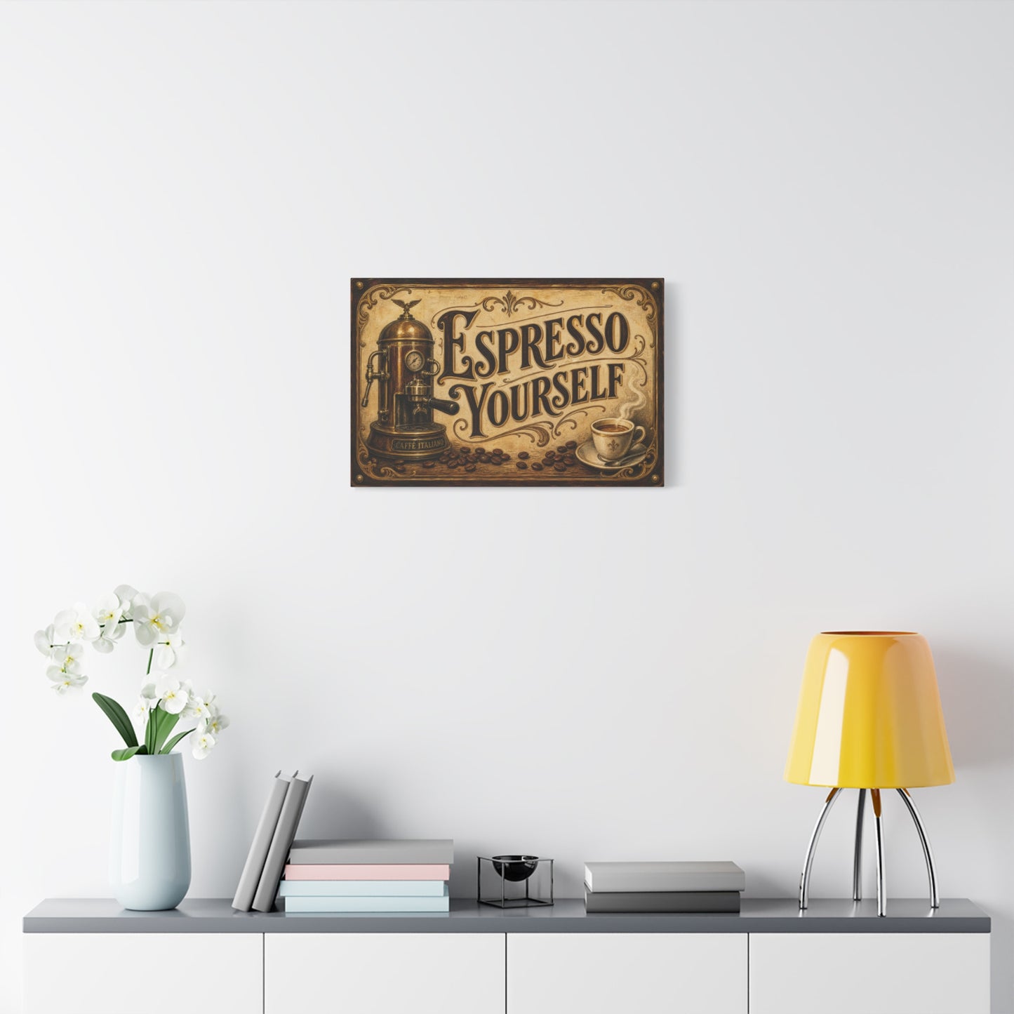 "Espresso Yourself" Coffee Canvas Wall Art - Vintage Espresso Machine, Cafe Decor - Matte Cotton Print, Rustic Farmhouse Style - Ready to Hang - Coffee Shop Decor - Cafe Wall Art - Matte Finish Print