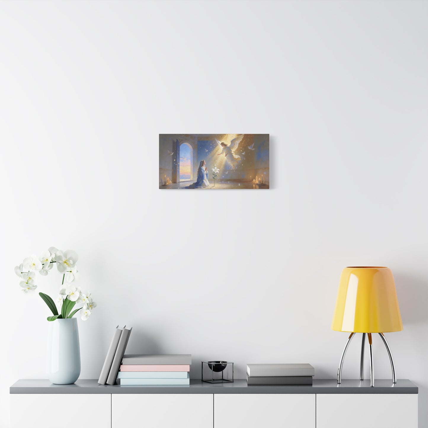 Virgin Mary Angel Canvas Wall Art - Annunciation Religious Print, White Lily, Doves, Golden Light - Traditional Matte Canvas - Bedroom Christian Wall Decor, Meditation Space - Bedroom Home Decoration