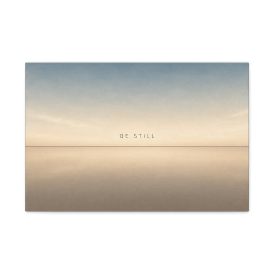 "Be Still" Minimalist Canvas Wall Art - Serene Horizon Typography Print, Neutral Blue Beige Coastal Style - Bedroom Wall Decor, Meditation Space Home Decoration - Ready to Hang - Cozy Reading Nook Art