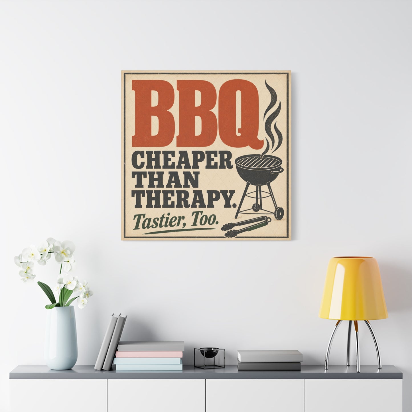 "BBQ Cheaper Than Therapy. Tastier, Too." Canvas Wall Art - Vintage Grill Quote Kitchen Decor - Rustic Typography Print, Farmhouse Barbecue Sign - Modern Farmhouse Style - Living Room Wall Decor