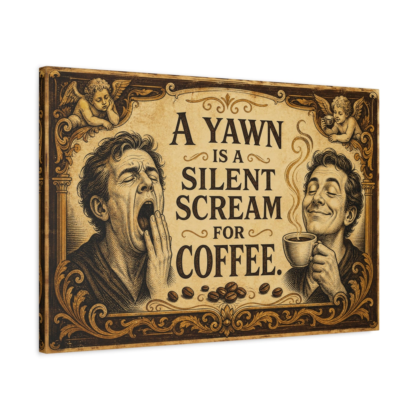 "A Yawn Is A Silent Scream For Coffee" Funny Coffee Canvas Wall Art - Vintage Cherub Quote Print, Sepia Cafe Style, Office Humor - Cafe Wall Art - Bistro Decor - Espresso Bar Sign - Ready to Hang