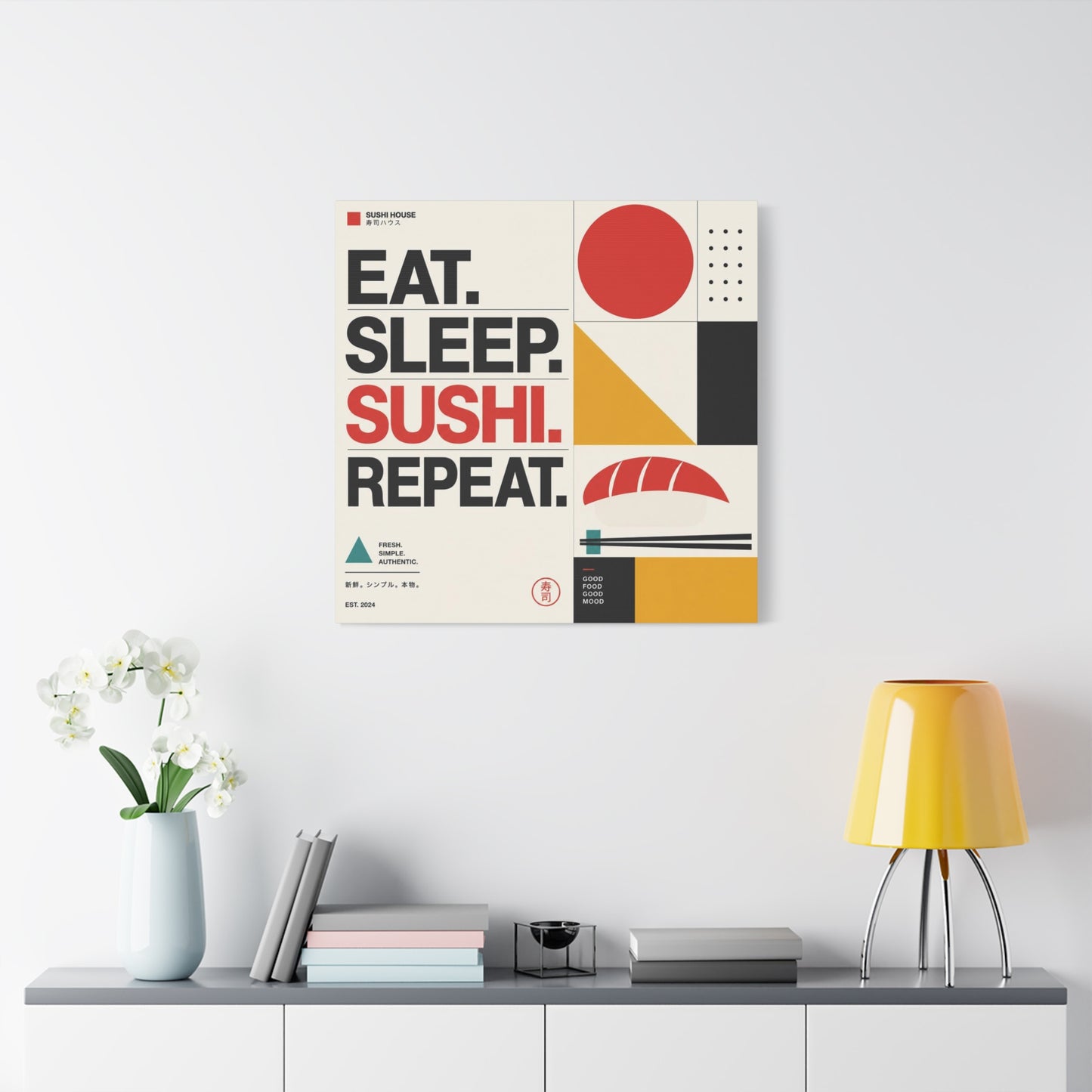 "Eat. Sleep. Sushi. Repeat." Sushi Canvas Wall Art - Japanese Typography Print, Geometric Food Poster Design - Modern Minimalist Cotton Canvas - Cafe Decor, Kitchen Accent, Dining Room Artwork