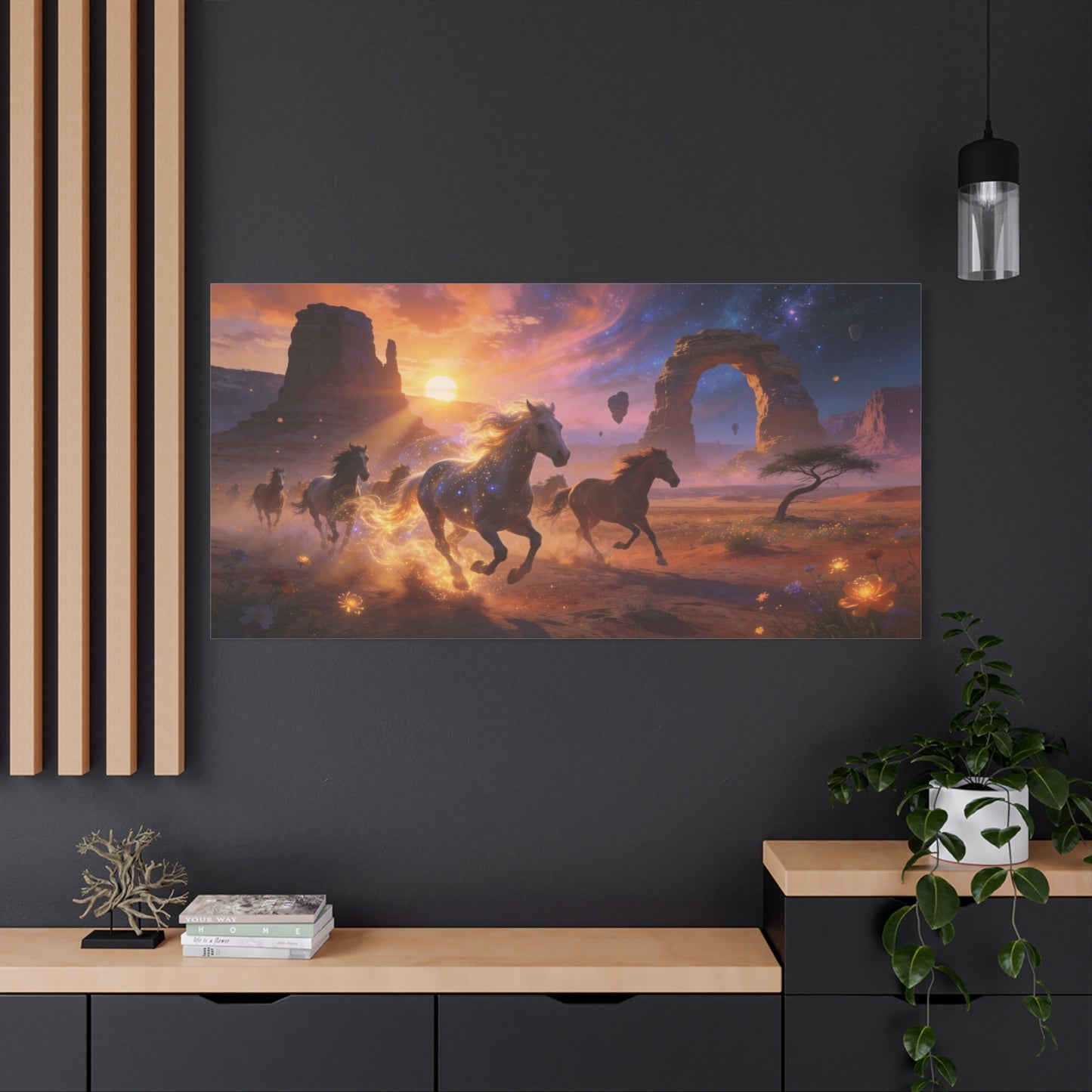 Celestial Wild Horses Canvas Wall Art - Fantasy Desert Arch Sunset, Glowing Galaxy Sky - Matte Cotton Print - Contemporary Landscape Style - Living Room Wall Decor - Bedroom Home Decoration