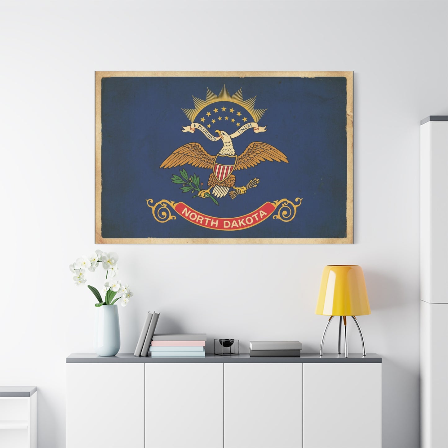 North Dakota Flag Canvas Wall Art - E Pluribus Unum Vintage State Banner Print - Patriotic Blue Eagle Emblem Decor - Rustic Americana Style - Ready to Hang - Living Room Wall Decor - Ready to Hang