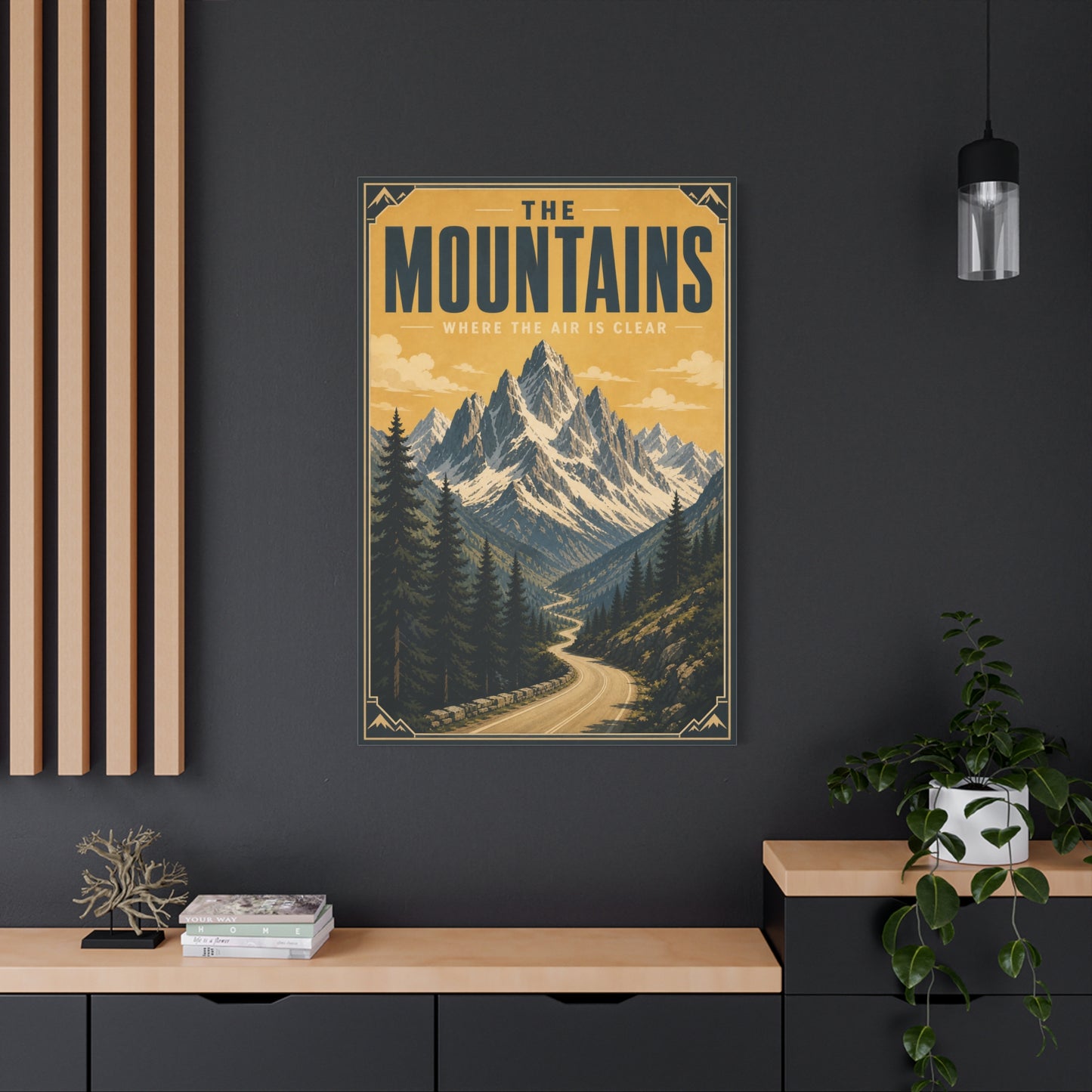 "The Mountains Where The Air Is Clear" Canvas Wall Art - Vintage Mountain Landscape Print, Golden Alpine Road Poster Style, Rustic Cabin Wall Decor - Ready to Hang - Bedroom Home Decoration