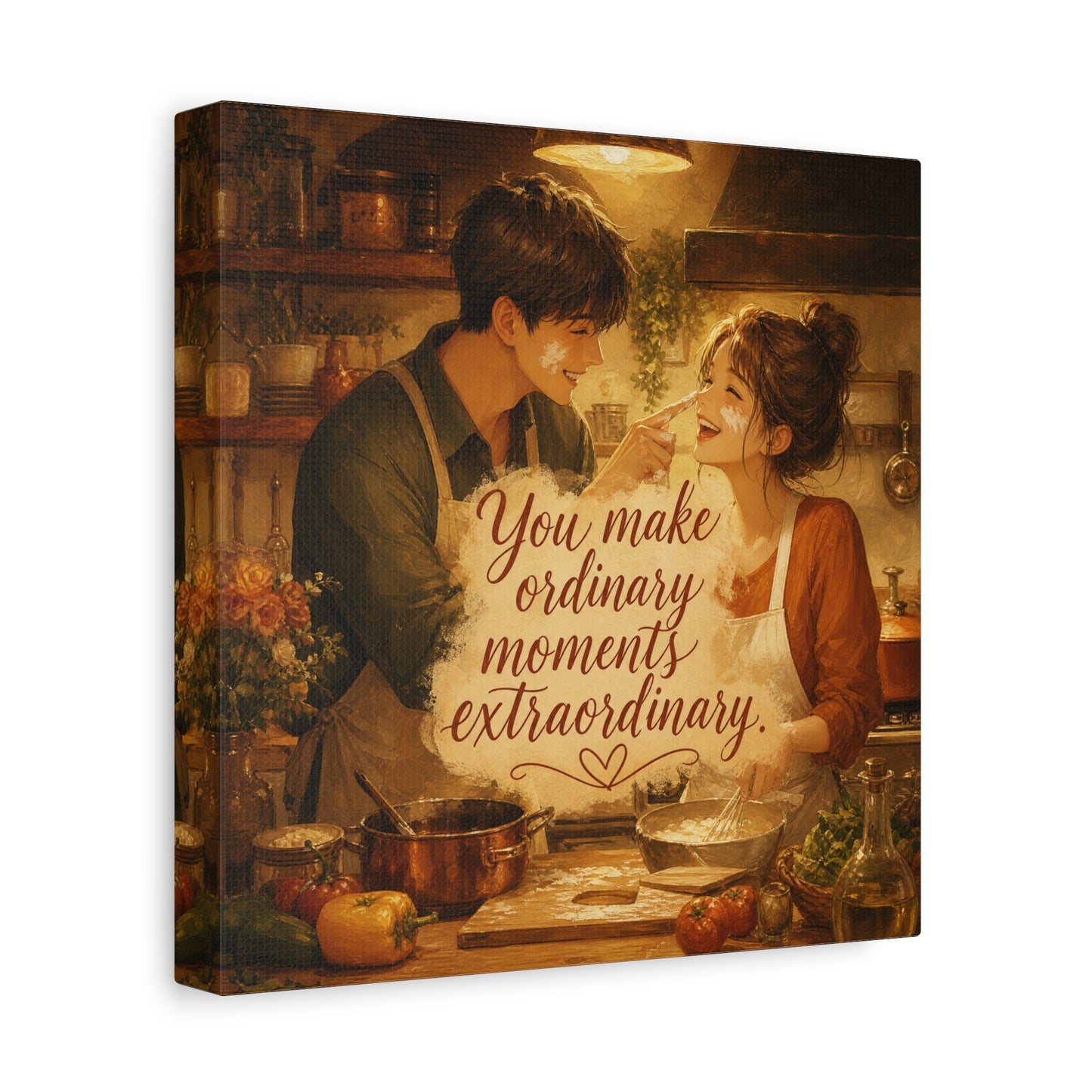 "You Make Ordinary Moments Extraordinary" Couple Canvas Wall Art - Romantic Kitchen Scene, Warm Vintage Illustration Print - Cozy Living Room Decor, Farmhouse Home Accent - Living Room Wall Decor