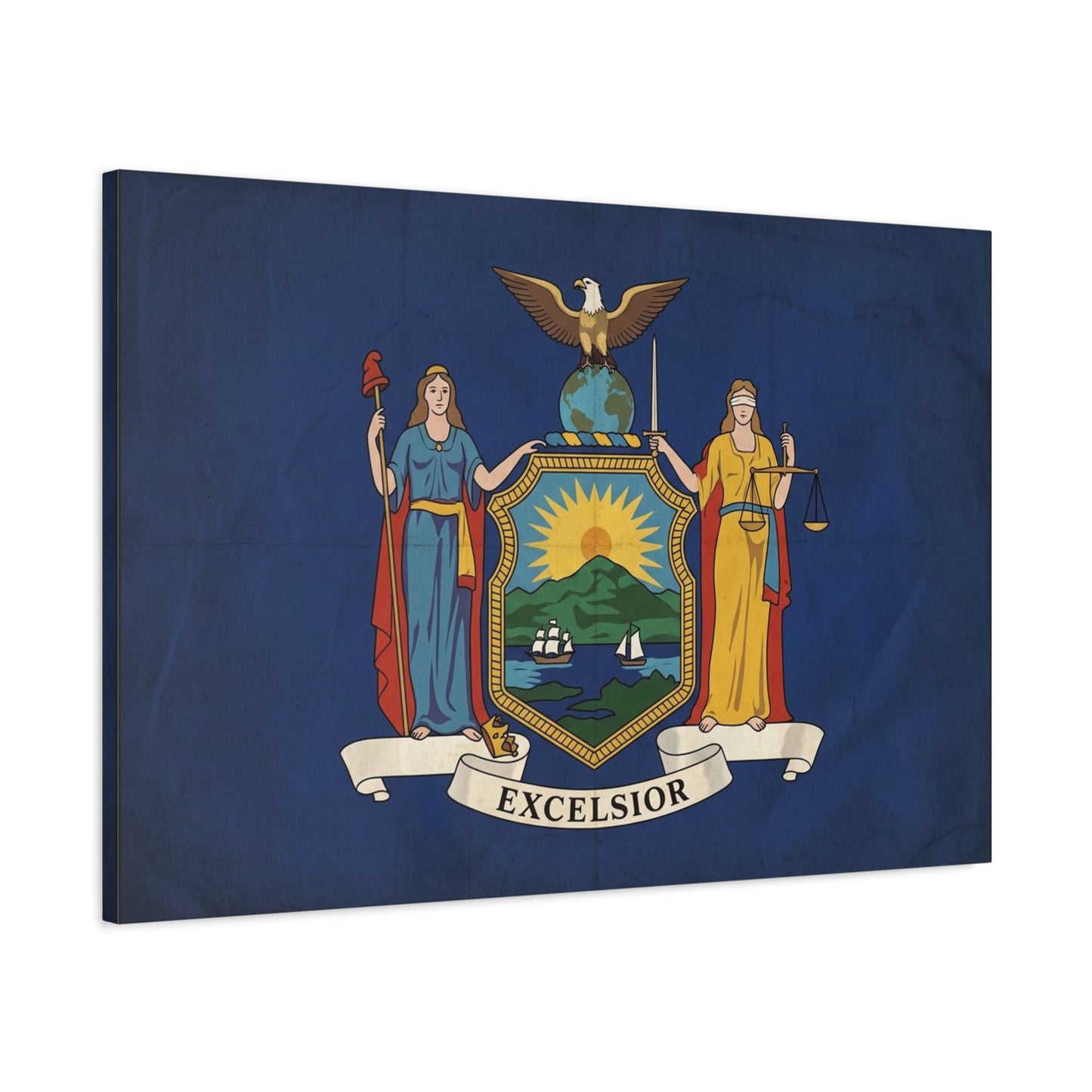 "Excelsior" New York State Flag Canvas Wall Art - Empire State Banner Print, Vintage Blue Heraldic Decor - Patriotic Illustration Style - Living Room Wall Decor, Office Art - Bedroom Home Decoration