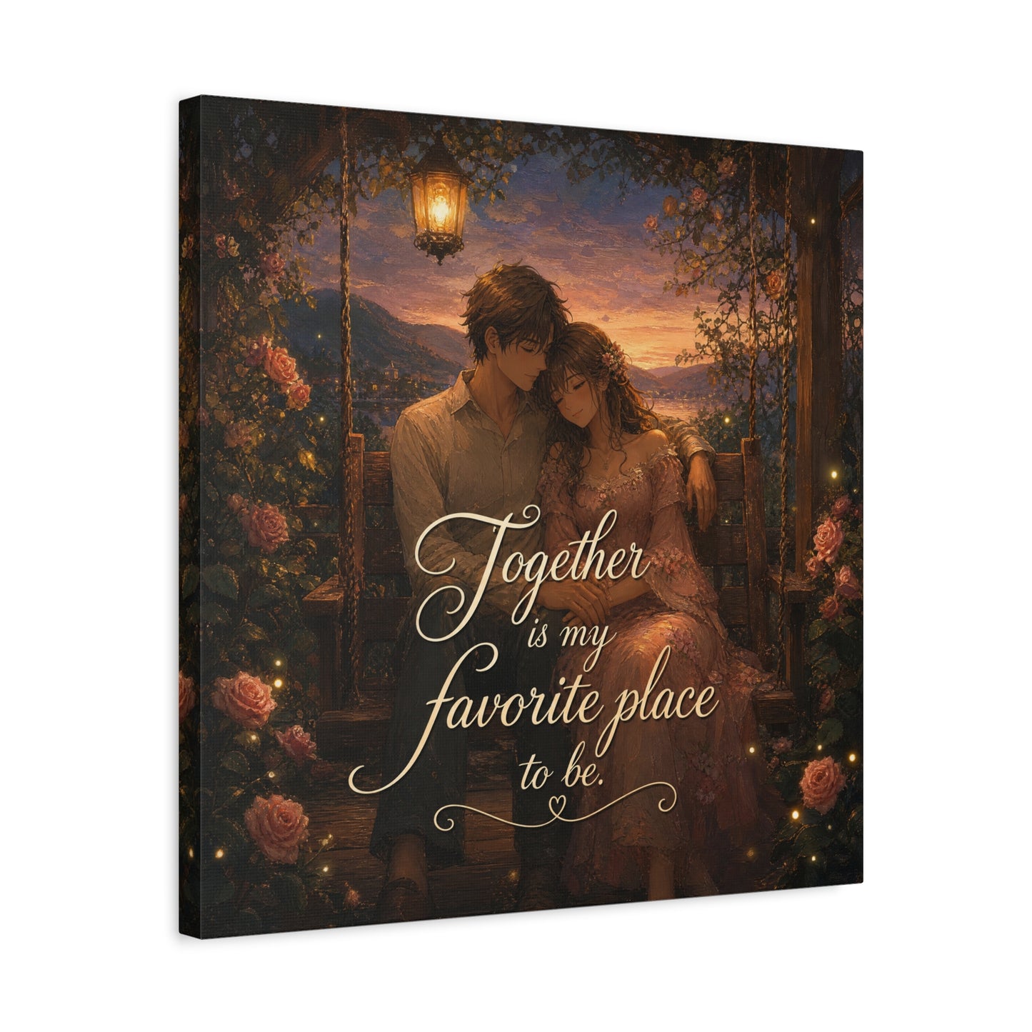 "Together Is My Favorite Place To Be" Romantic Couple Canvas Wall Art - Lantern Swing Sunset Lake Scene, Floral Garden Love Quote Print - Vintage Bedroom Decor - Office Wall Art - Ready to Hang