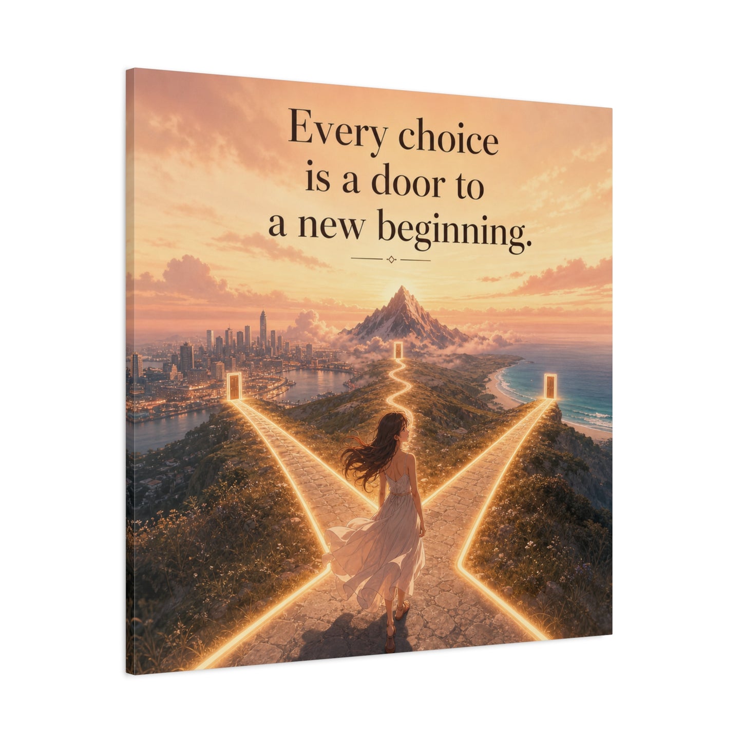 "Every Choice Is A Door To A New Beginning." Inspirational Canvas Wall Art - Woman At Glowing Crossroads Path, Mountain And Coast Dreamscape - Modern Typography Decor For Bedroom Office