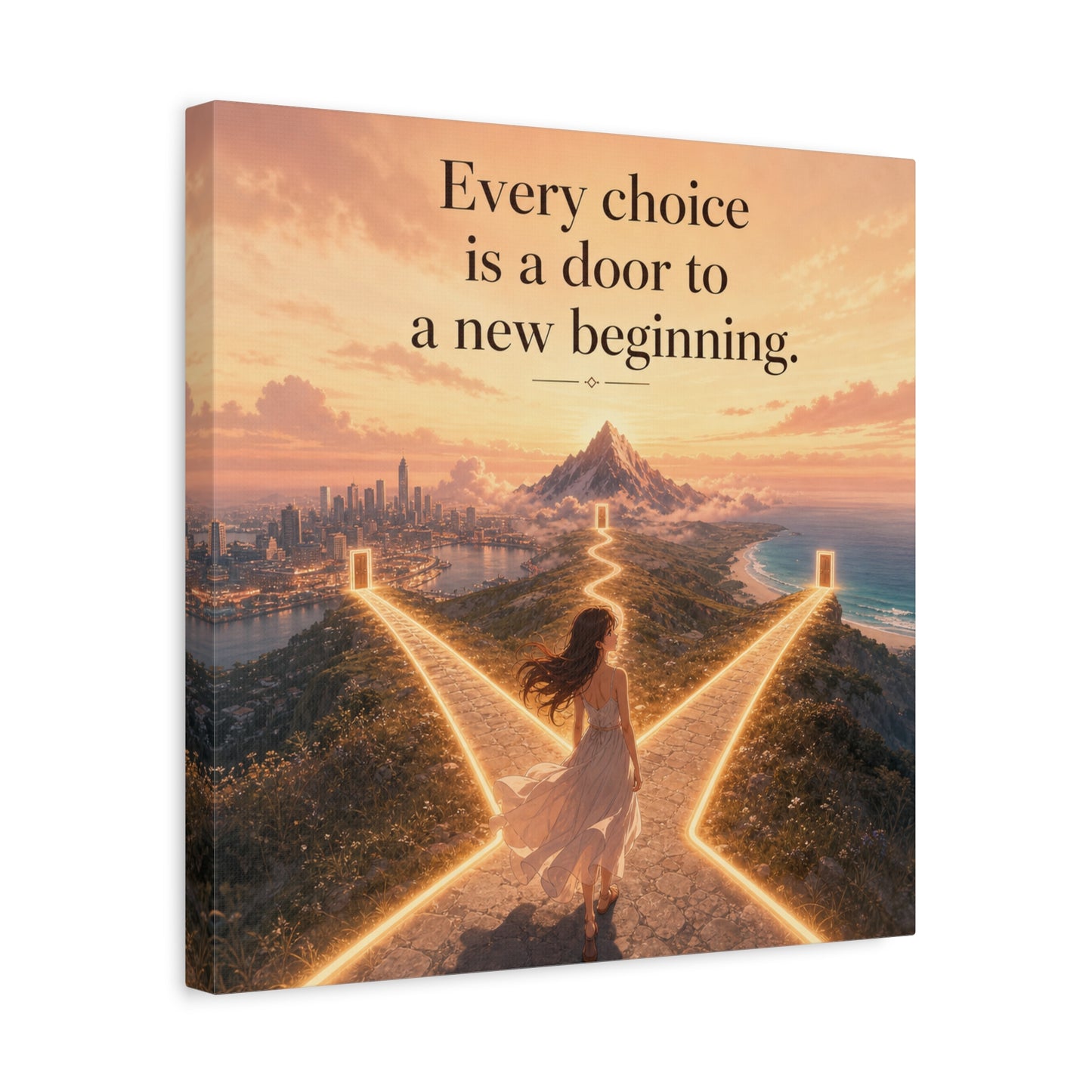 "Every Choice Is A Door To A New Beginning." Inspirational Canvas Wall Art - Woman At Glowing Crossroads Path, Mountain And Coast Dreamscape - Modern Typography Decor For Bedroom Office