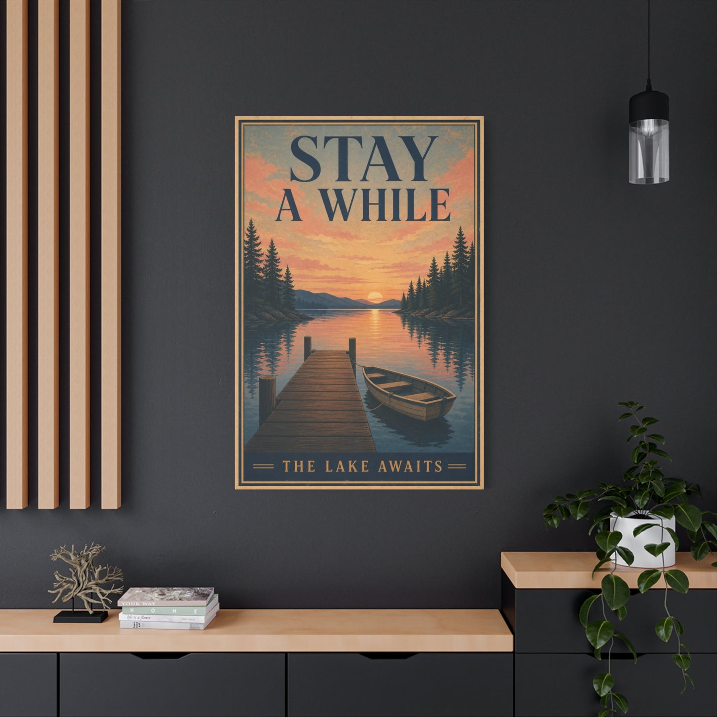 "Stay A While The Lake Awaits" Lake Sunset Canvas Wall Art - Vintage Dock And Rowboat Landscape Print, Rustic Cabin Decor, Bedroom Home Decoration, Entryway Accent - Office Wall Art - Ready to Hang