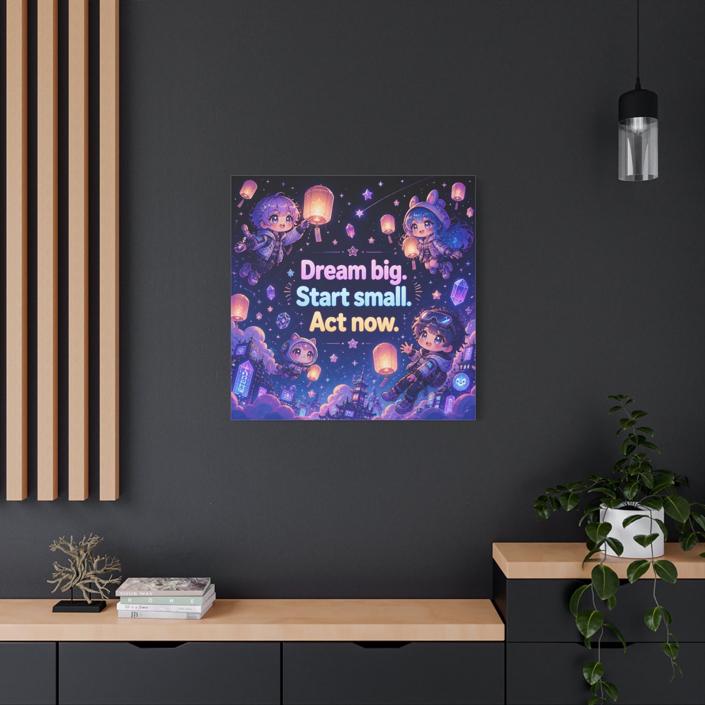"Dream Big. Start Small. Act Now." Inspirational Canvas Wall Art - Kawaii Space Kids, Star Lantern Night Sky Quote Print - Neon Purple Blue Decor, Bedroom Home Decoration, Teen Room Accent